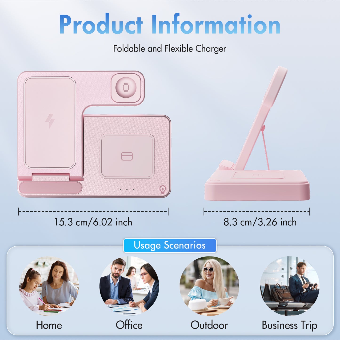 3 in 1 Charging Station Wireless Charger Magnetic Fast Charging Stand Compatible with iPhone 16 15 14 13 12 11 Pro Max Plus XS XR X 8 for iWatch 9 8 7 6 5 4 3 2 SE for AirPods 3 2 Pro Pink
