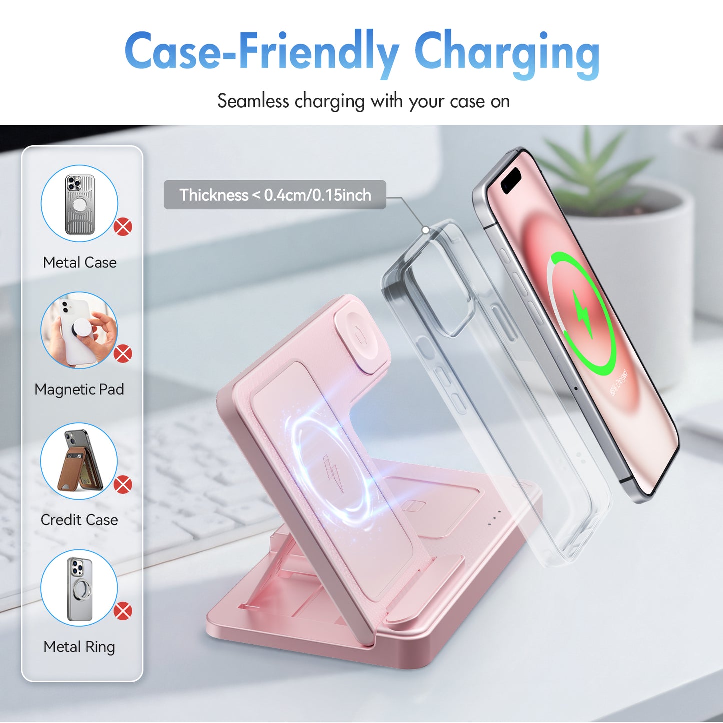 3 in 1 Charging Station Wireless Charger Magnetic Fast Charging Stand Compatible with iPhone 16 15 14 13 12 11 Pro Max Plus XS XR X 8 for iWatch 9 8 7 6 5 4 3 2 SE for AirPods 3 2 Pro Pink