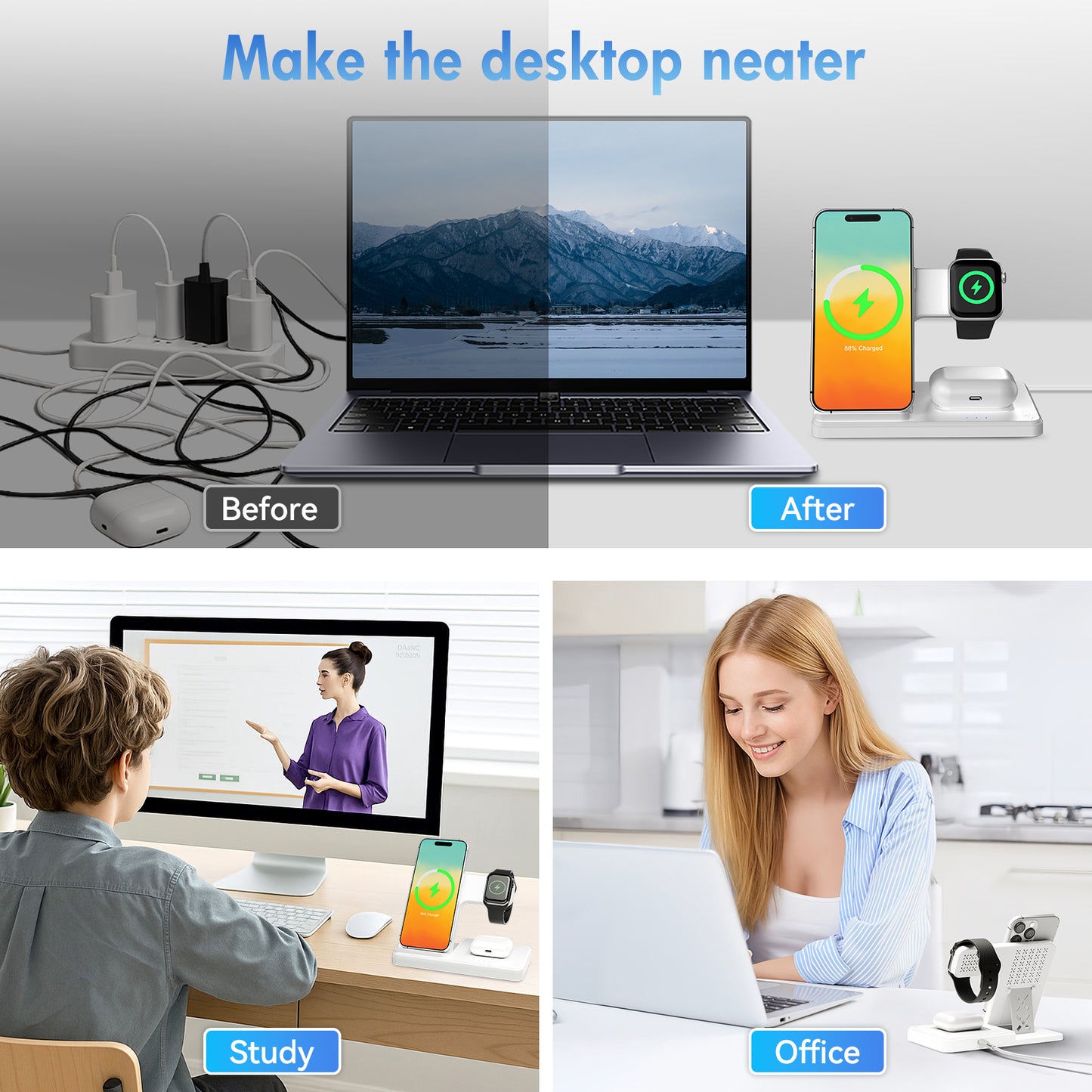 Wireless Charging Station, 3 in 1 Wireless charger Compatible with iPhone 16 15 14 13 12 11 Pro Max Plus XS XR X 8, for Airpods 4 3 2 Pro, For IWatch 9 8 Ultra 2 SE 7 6 5 4 3 2