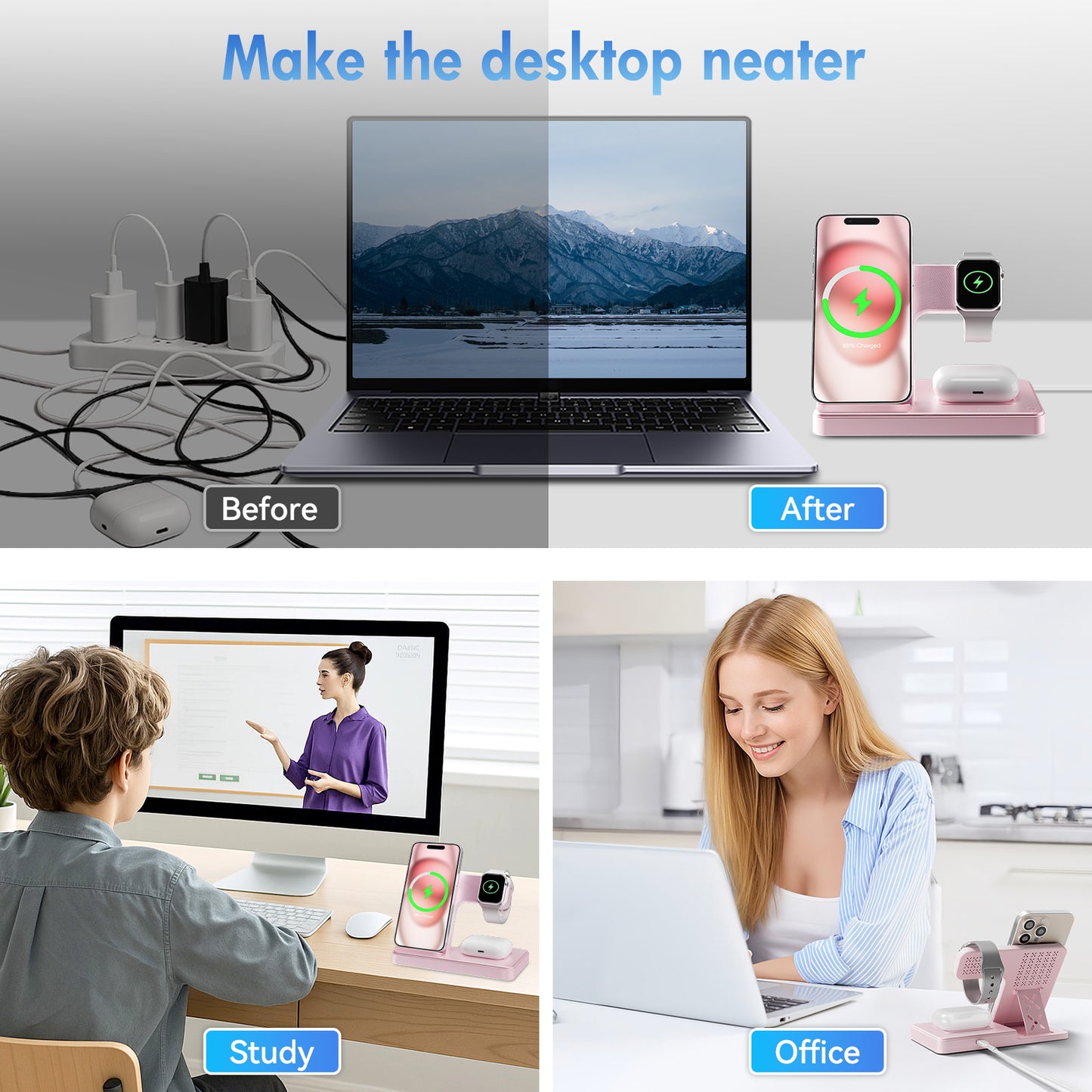 3 in 1 Charging Station Wireless Charger Magnetic Fast Charging Stand Compatible with iPhone 16 15 14 13 12 11 Pro Max Plus XS XR X 8 for iWatch 9 8 7 6 5 4 3 2 SE for AirPods 3 2 Pro Pink