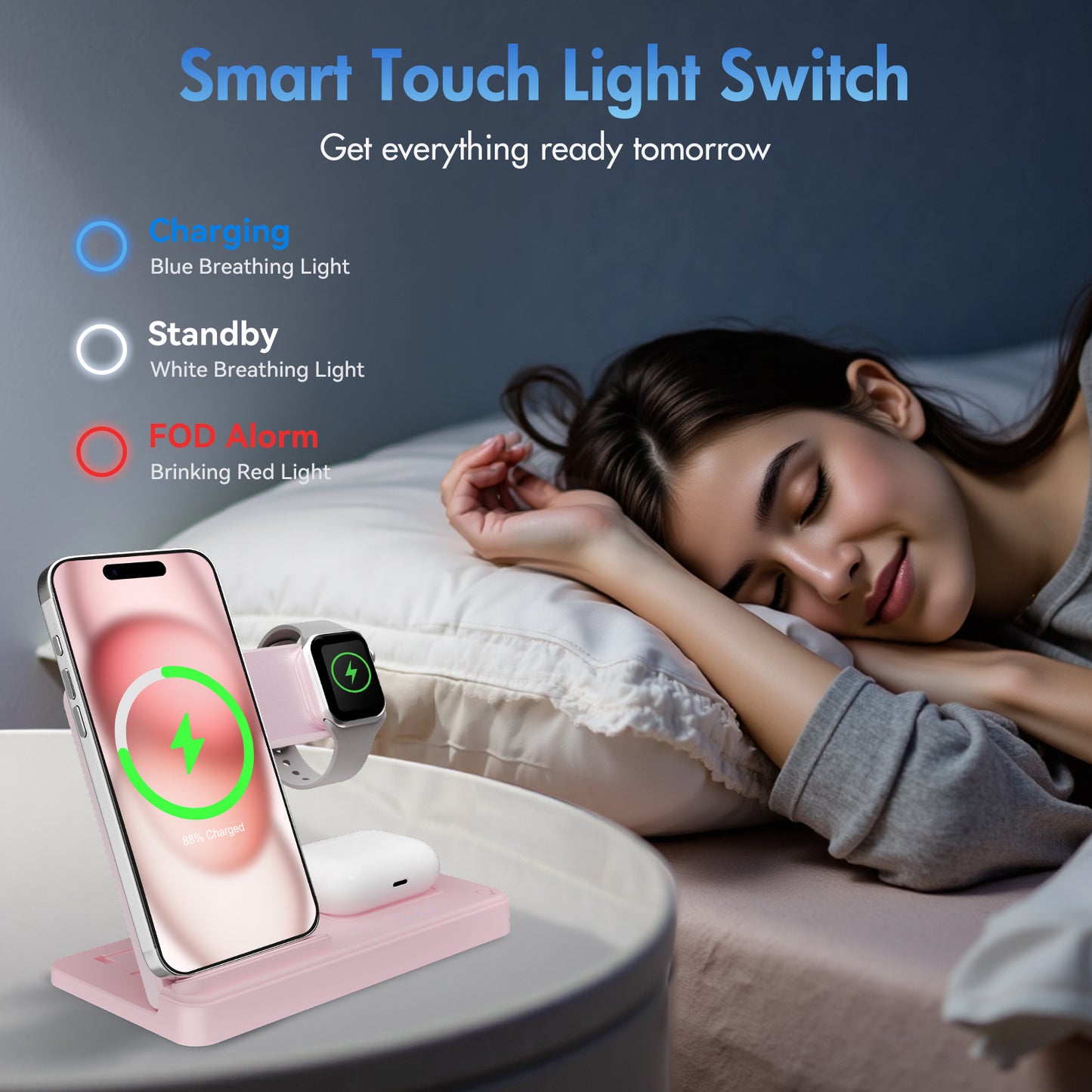 3 in 1 Charging Station Wireless Charger Magnetic Fast Charging Stand Compatible with iPhone 16 15 14 13 12 11 Pro Max Plus XS XR X 8 for iWatch 9 8 7 6 5 4 3 2 SE for AirPods 3 2 Pro Pink