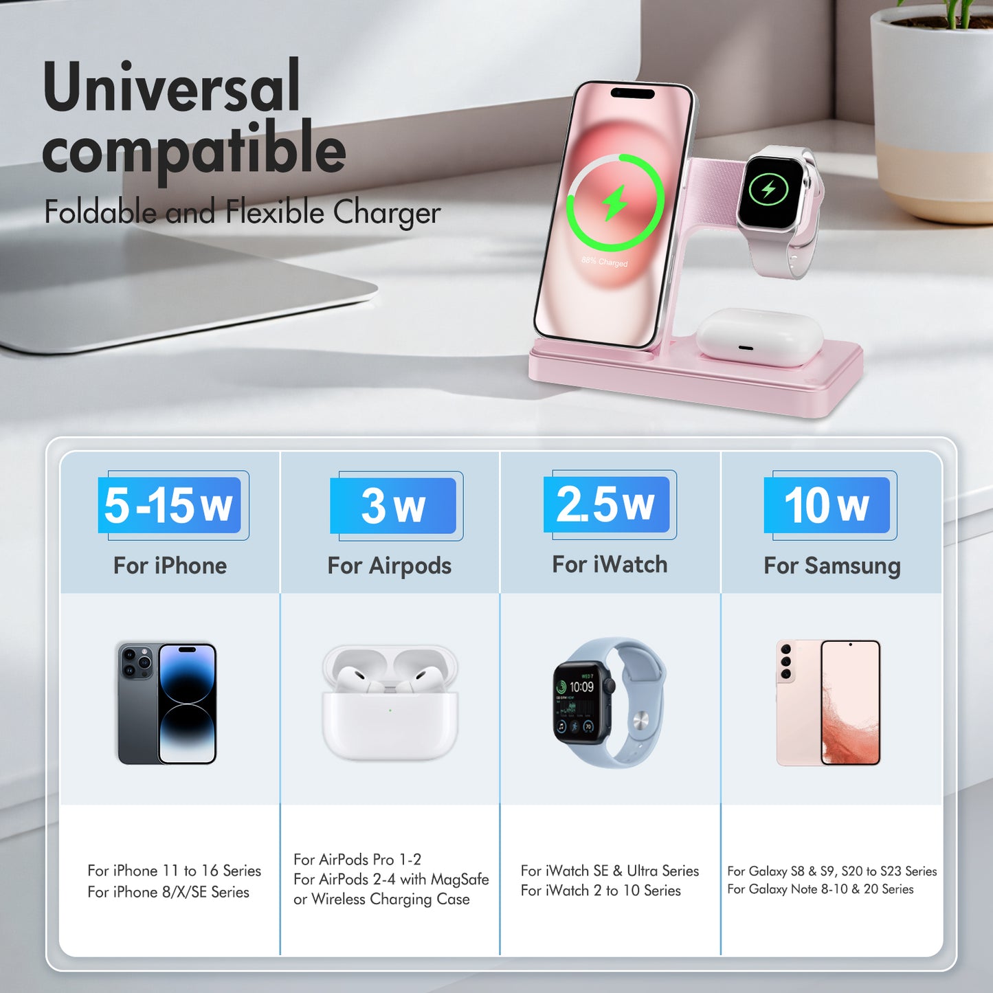 3 in 1 Charging Station Wireless Charger Magnetic Fast Charging Stand Compatible with iPhone 16 15 14 13 12 11 Pro Max Plus XS XR X 8 for iWatch 9 8 7 6 5 4 3 2 SE for AirPods 3 2 Pro Pink