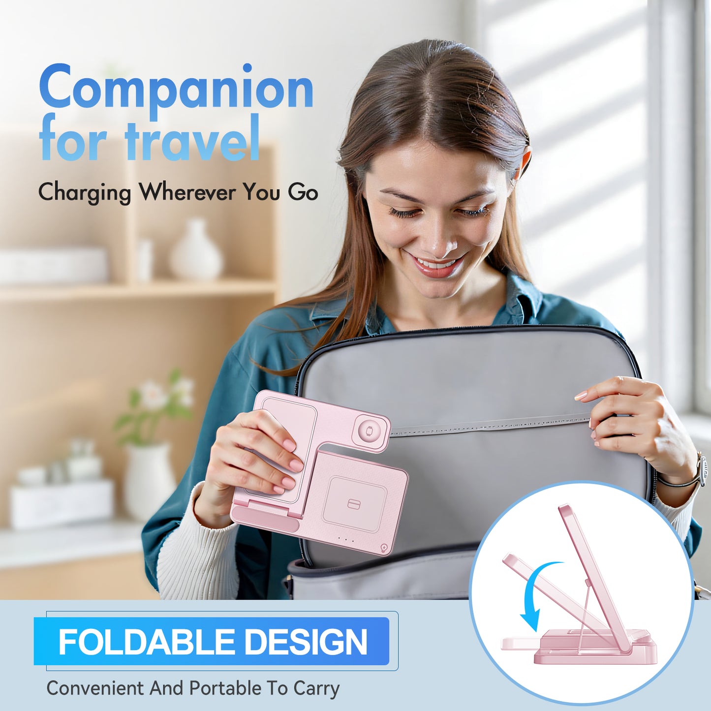 3 in 1 Charging Station Wireless Charger Magnetic Fast Charging Stand Compatible with iPhone 16 15 14 13 12 11 Pro Max Plus XS XR X 8 for iWatch 9 8 7 6 5 4 3 2 SE for AirPods 3 2 Pro Pink