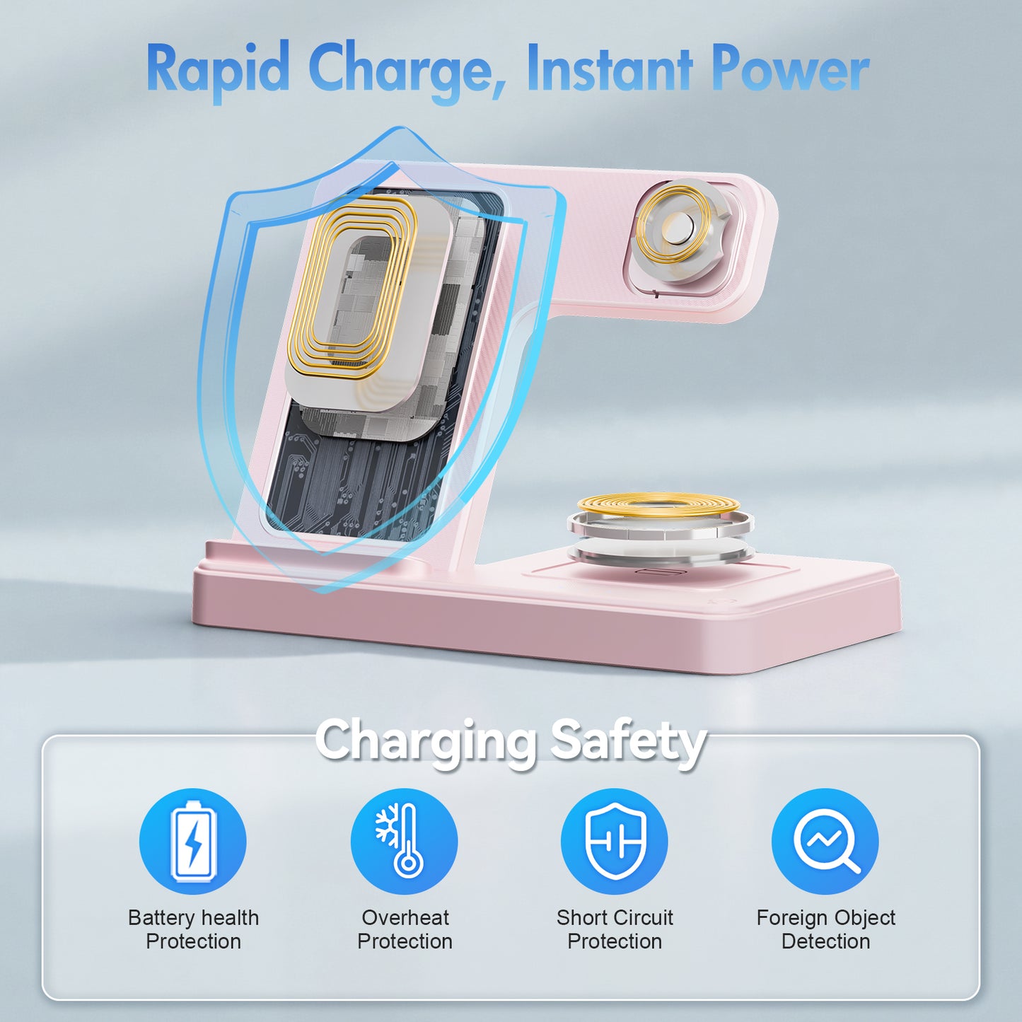 3 in 1 Charging Station Wireless Charger Magnetic Fast Charging Stand Compatible with iPhone 16 15 14 13 12 11 Pro Max Plus XS XR X 8 for iWatch 9 8 7 6 5 4 3 2 SE for AirPods 3 2 Pro Pink