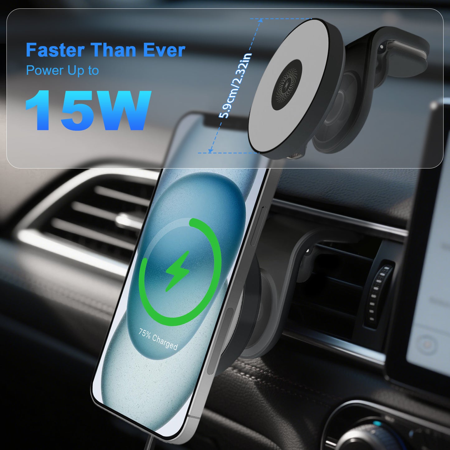 Super Strong Magnetic Car Mount with 15W Fast Wireless Charging, 360¡ã Rotatable and easy to install, durable and study, Black