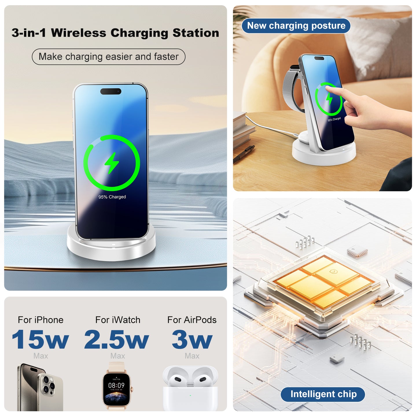3 in 1 Fast Wireless Charger, Magnetic Charging Station Compatible with iPhone 16 15 14 13 12 11 8 Pro Max XS XR, Compatible with Airpods 4 3 2 Pro, Compatible with iWatch Series, White