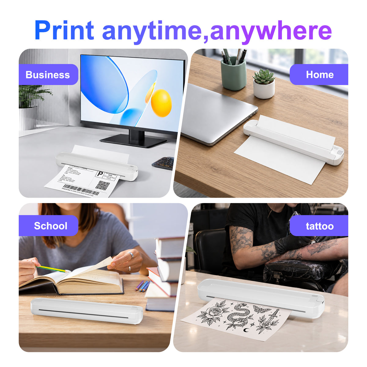 BAOKALER Portable Thermal Printer, Wireless Bluetooth Inkless for US Letter & A4, 203DPI Compact Travel Printer Compatible with iOS Android Laptop for Home Office School