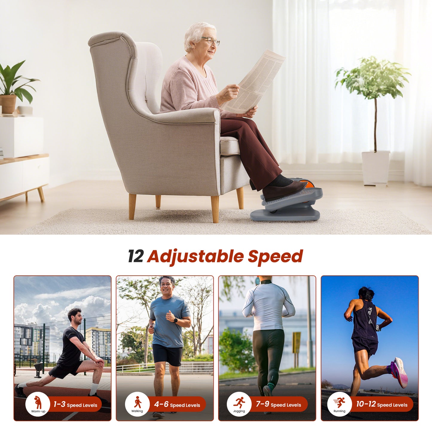 Under Desk Elliptical, Leg Exerciser for Seniors Fuly Assembled, Quiet & Portable Electric Seated Pedal Exerciser Adjustable Speeds, Gray