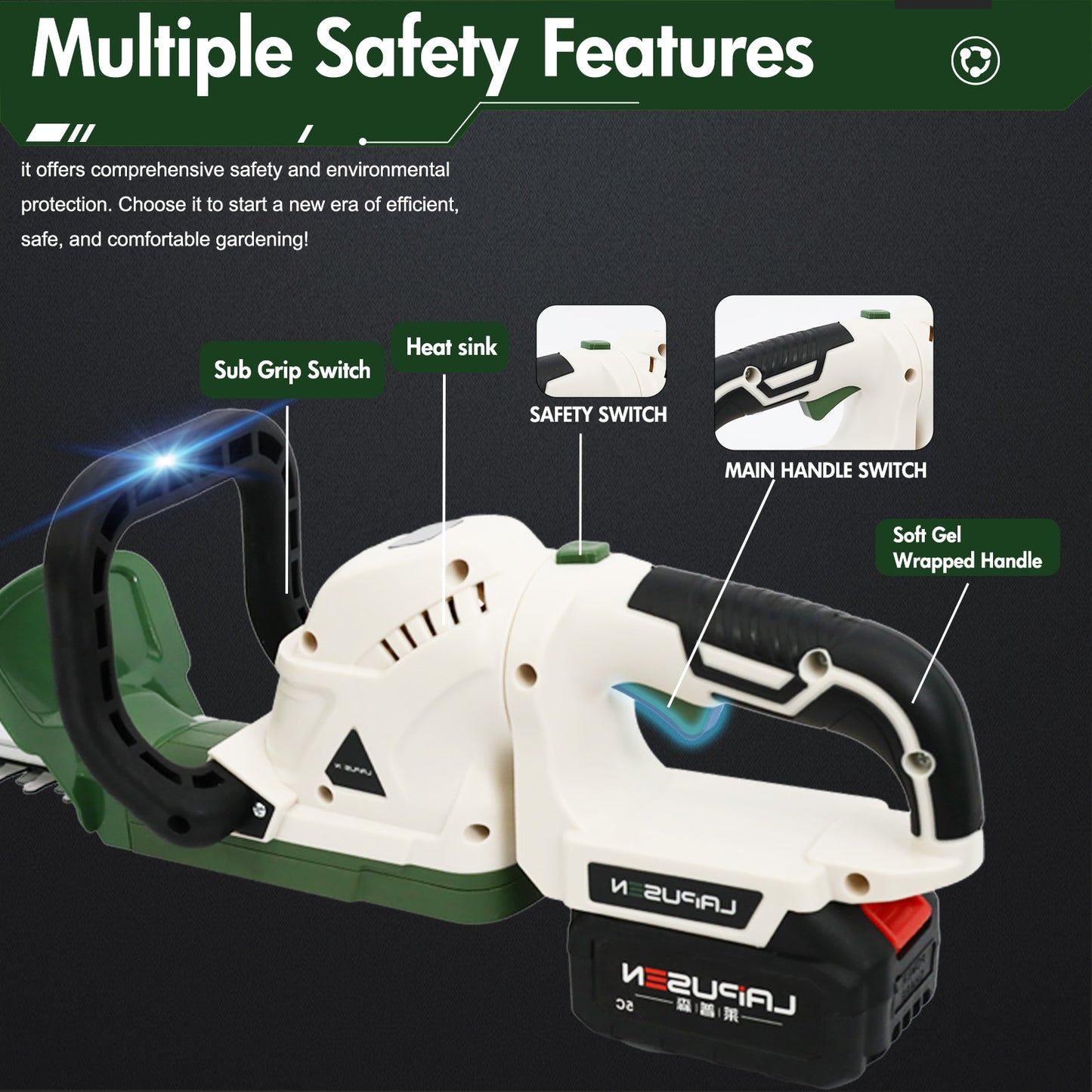 21V Cordless Hedge Trimmer with 20" Dual-Action Blade, Handle Electric Hedge Trimmer with 3.0Ah Battery and Fast Charger for Garden, Shrub, Grass and Lawn, Up to 20000 RPM, Green
