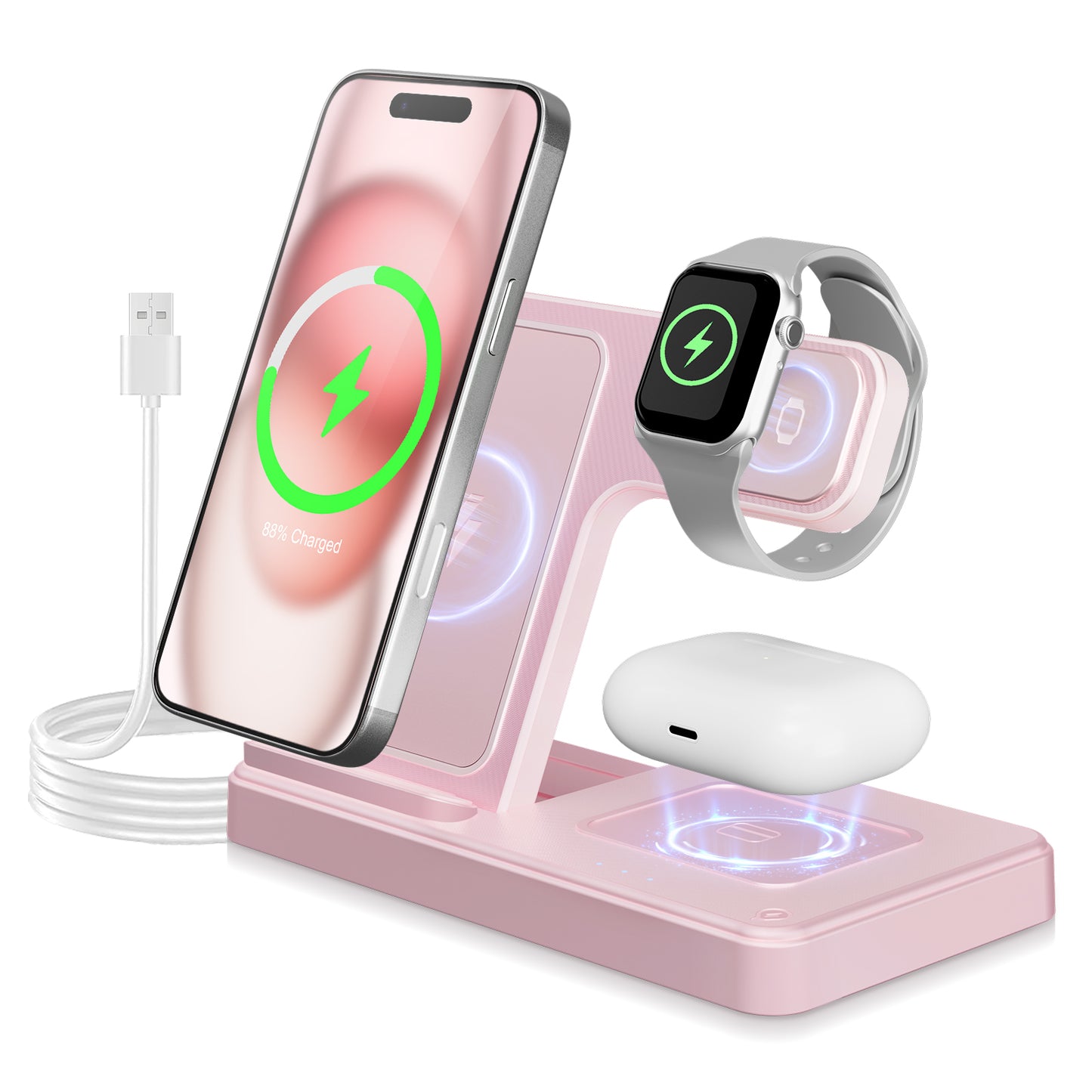 3 in 1 Charging Station Wireless Charger Magnetic Fast Charging Stand Compatible with iPhone 16 15 14 13 12 11 Pro Max Plus XS XR X 8 for iWatch 9 8 7 6 5 4 3 2 SE for AirPods 3 2 Pro Pink