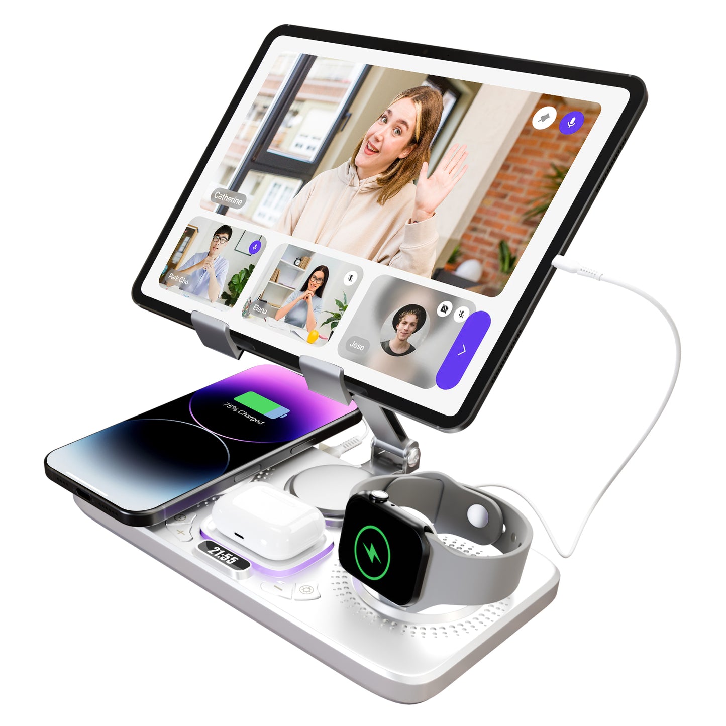 7 in 1 Wireless Charger for iPhone Airpods iWatch, Foldable Charging Station , Travel Charging Pad Dock Compatible with Apple 12 and above series, White