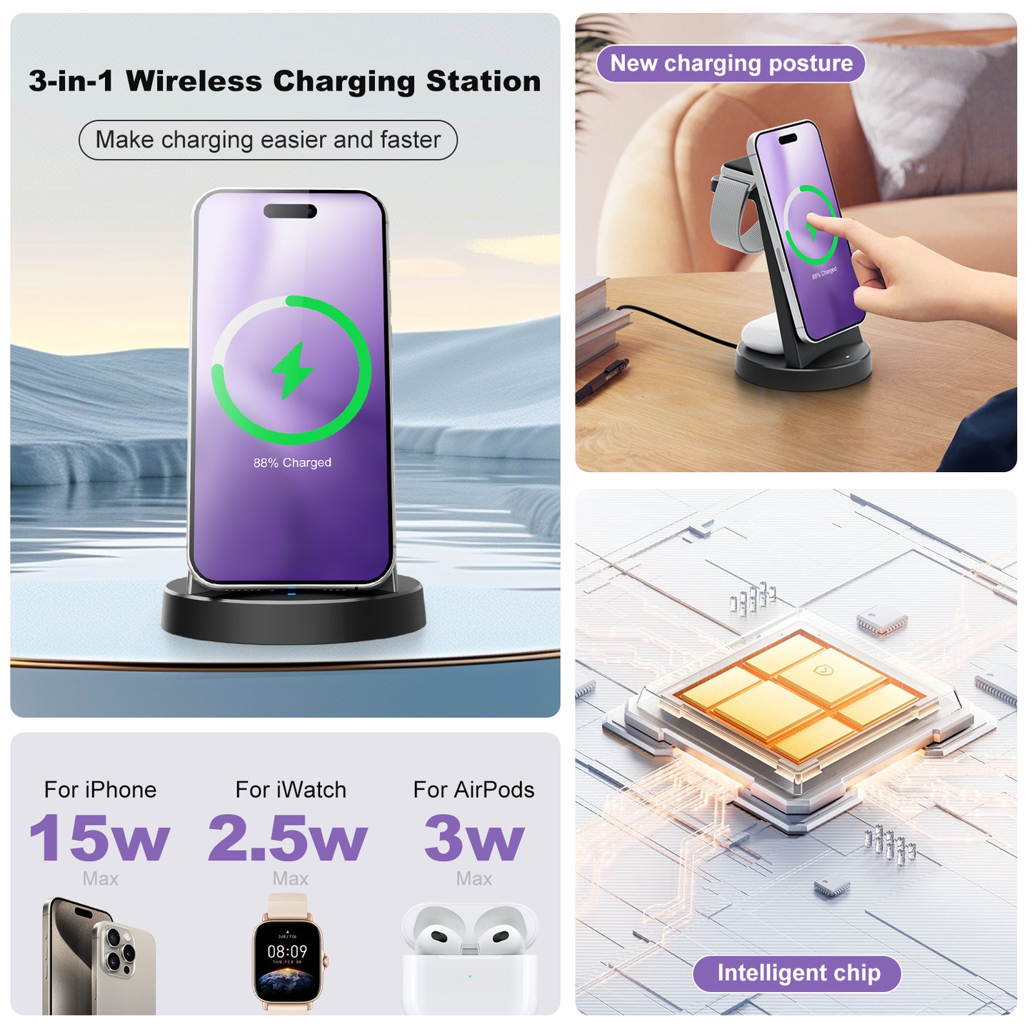 Charging Station, 15W Fast Wireless Charger for iPhone 16 15 14 13 12 Pro X Max XR, Compatible with AirPods iWatch,3 in 1 Magnetic Stand