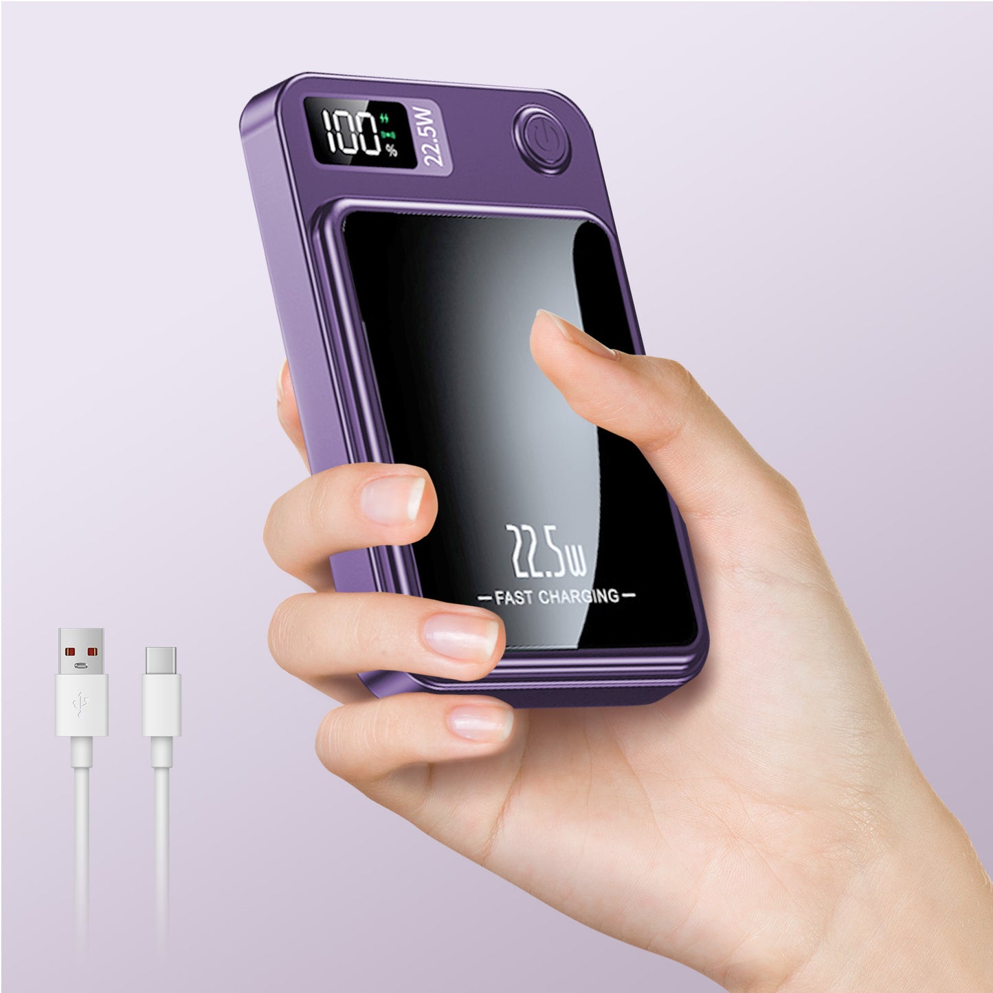 Wireless Power Bank, 10000mAh Fast Charging, with LED Power Display, 2 in 1 Portable Magnetic Power Bank, Compatible with Multi Device with cable, Purple