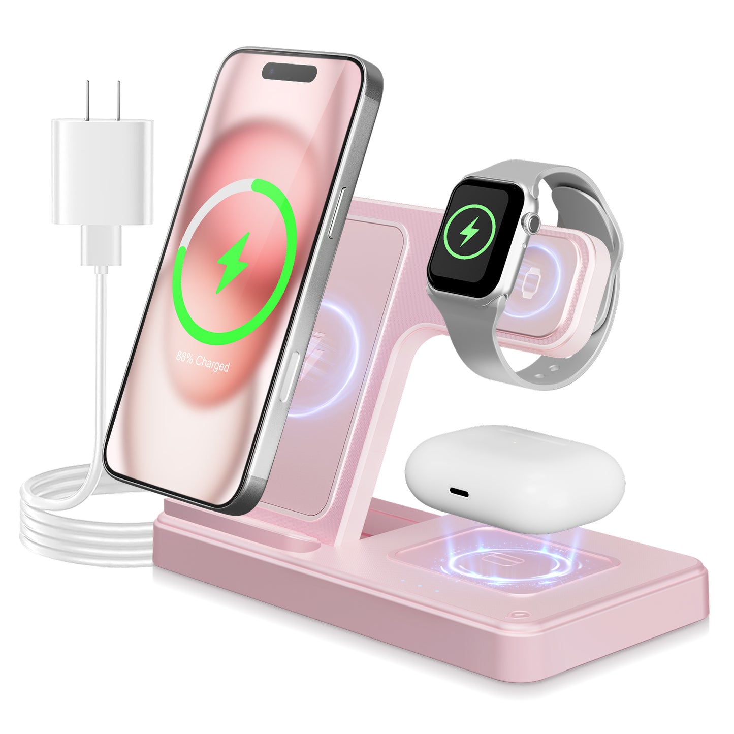 3 in 1 Charging Station Wireless Charger Magnetic Fast Charging Stand Compatible with iPhone 16 15 14 13 12 11 Pro Max Plus XS XR X 8 for iWatch 9 8 7 6 5 4 3 2 SE for AirPods 3 2 Pro Pink