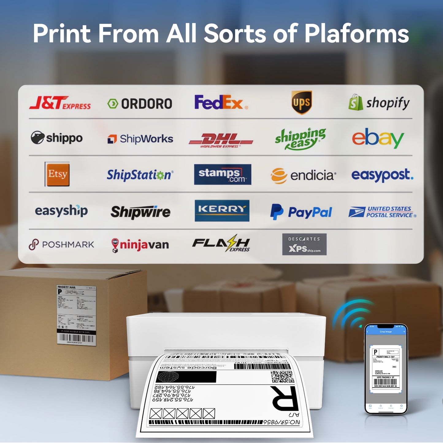 4x6 Thermal Label Printer, Bluetooth Shipping Label Maker for Packages, Compatible with Windows iOS Android, Wireless Sticker Printing for Business and Home, Portable Wireless Printer