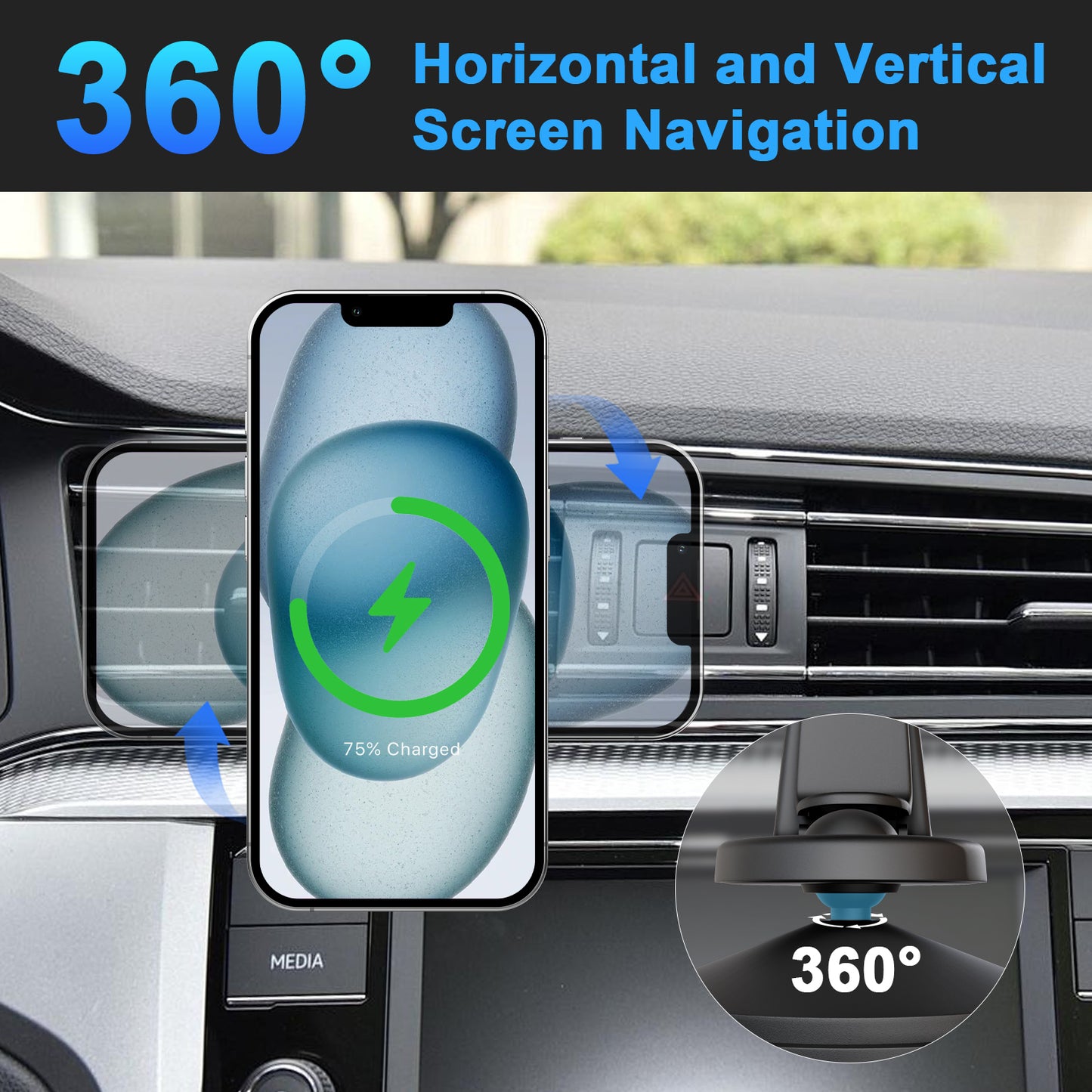 Super Strong Magnetic Car Mount with 15W Fast Wireless Charging, 360¡ã Rotatable and easy to install, durable and study, Black