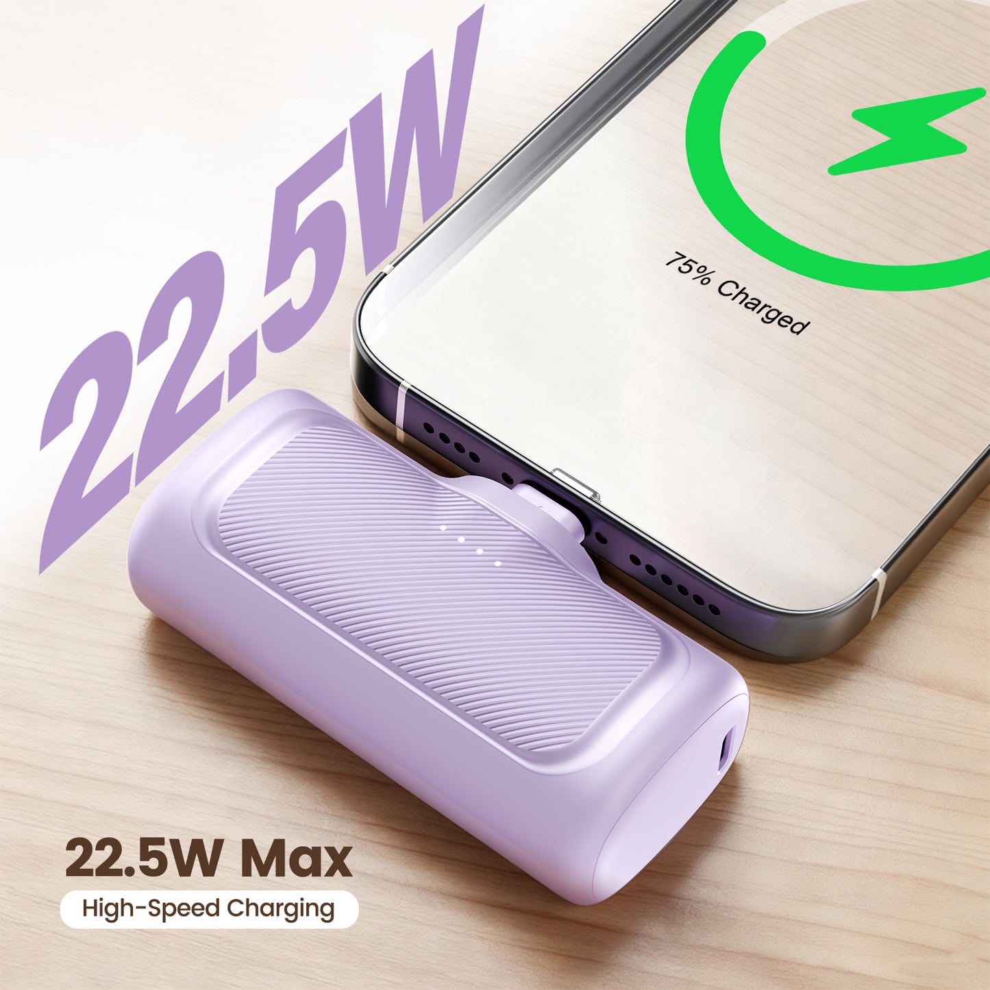 Portable Charger, 22.5W Battery Pack with Foldable USB-C Plug, 5000mAh Power Bank Compatible with iPhone 17 16 15, Purple