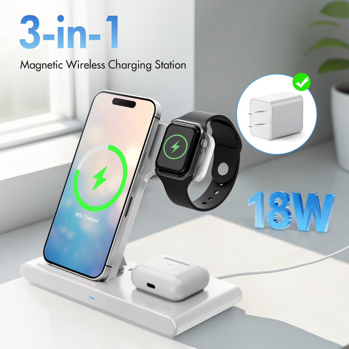 Wireless Charger,Portable Charger Phone Charging Station Compatible with iPhone 17 16 15 14 13 12 11 Pro Max Plus XS XR X 8,for Apple Watch 9 8 7 6 5 4 3 2 SE,for AirPods 3 2 Pro,White