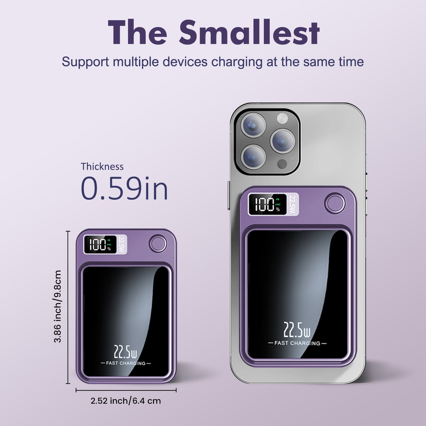 Wireless Power Bank, 10000mAh Fast Charging, with LED Power Display, 2 in 1 Portable Magnetic Power Bank, Compatible with Multi Device with cable, Purple