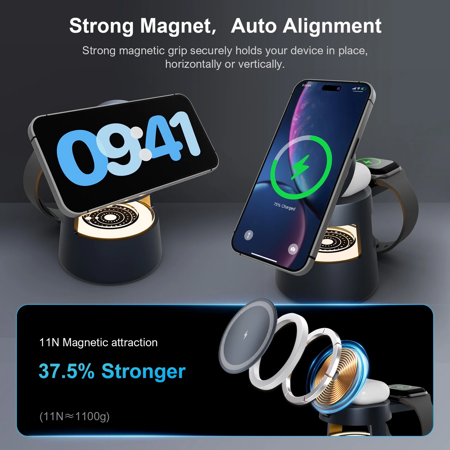 Magnetic Wireless Charger, 4 in 1 Fast Charging Station Compatible with iPhone 16 15 14 13 12 11 8 X XR SE, 3 Light Adjustable Desk Charging Station for Watch, AirPod