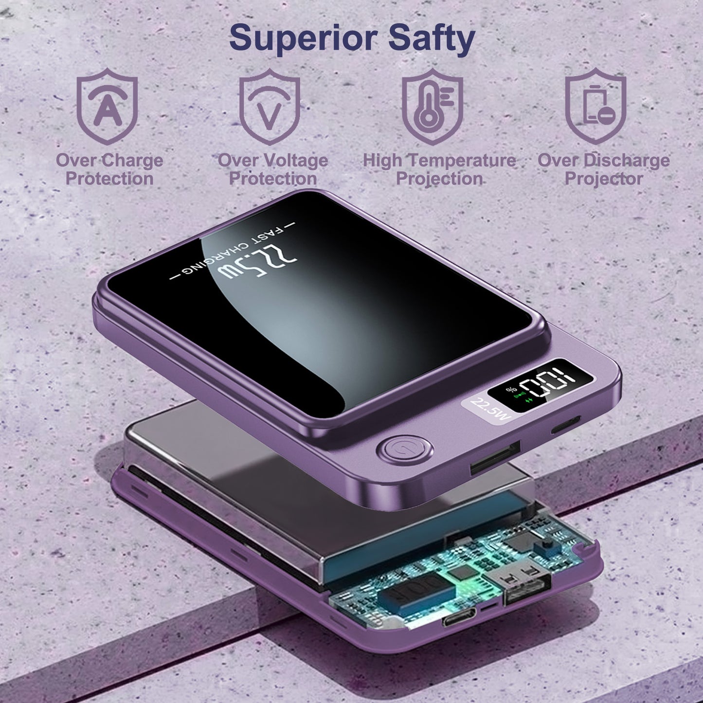 Wireless Power Bank, 10000mAh Fast Charging, with LED Power Display, 2 in 1 Portable Magnetic Power Bank, Compatible with Multi Device with cable, Purple