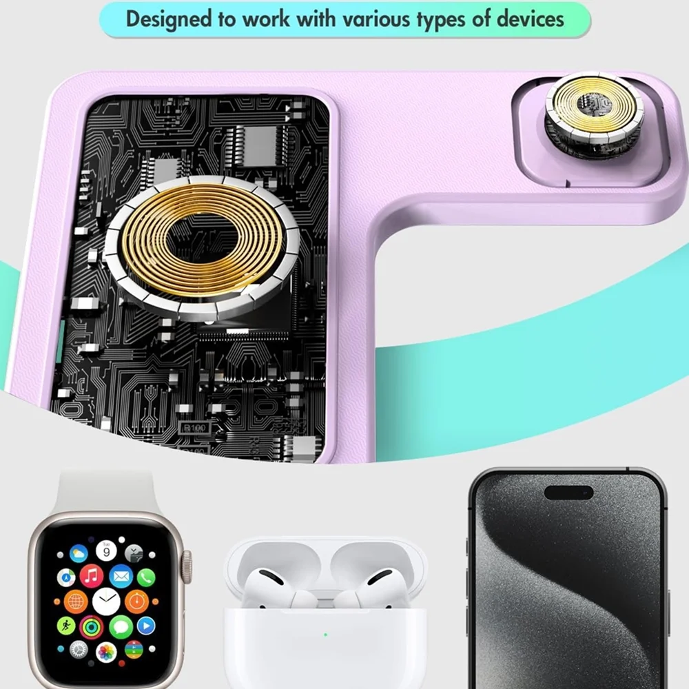 Wireless Charger,3 in 1 Charging Station for iPhone,Fast Wireless Charger Stand Compatible for Apple Watch,iPhone 17 16 15 14 13 12 11 Pro Max Mini Plus SE X XS 8 Plus & AirPods,Purple