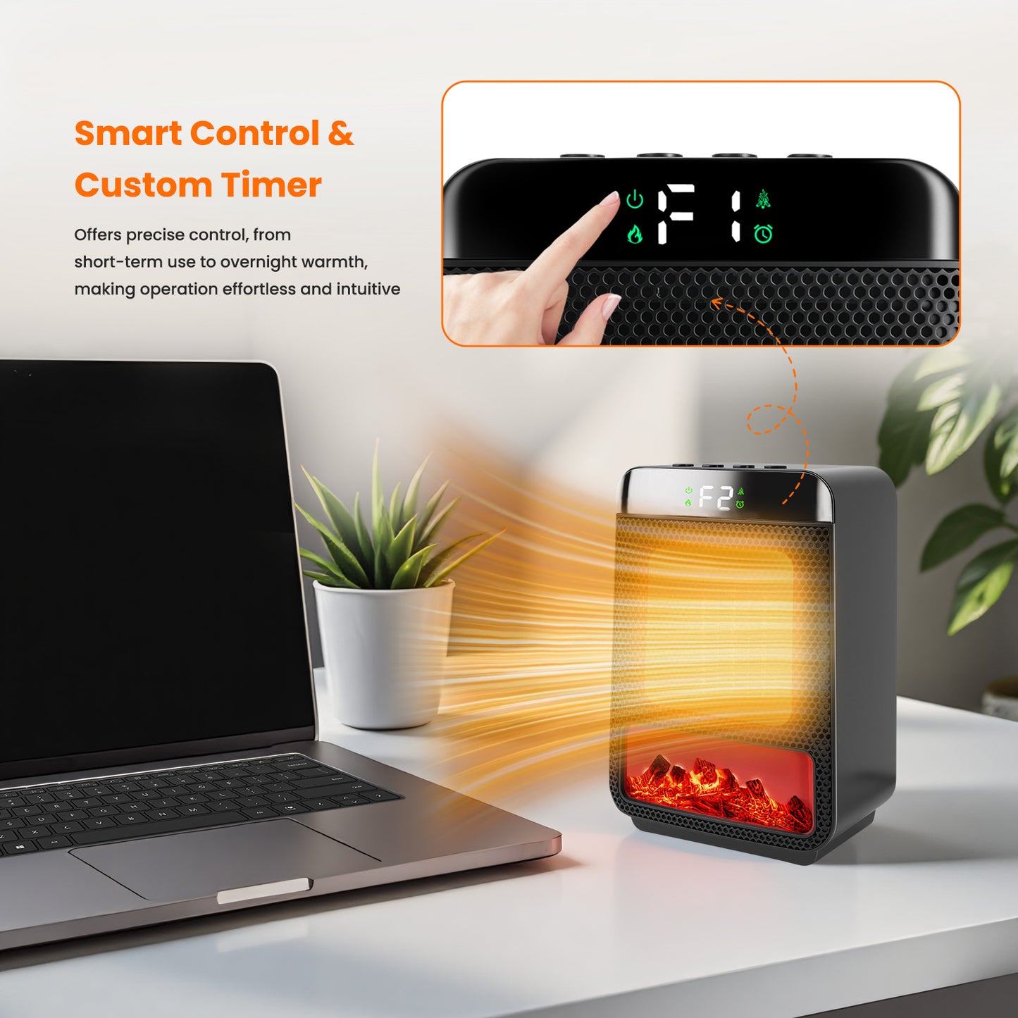 1500W Electric Heater with 3D Dynamic Flame, Indoor Tabletop Heater with Safety Protection & Timer, Low-Noise Space Heater Fan for Home, Bedroom, Office