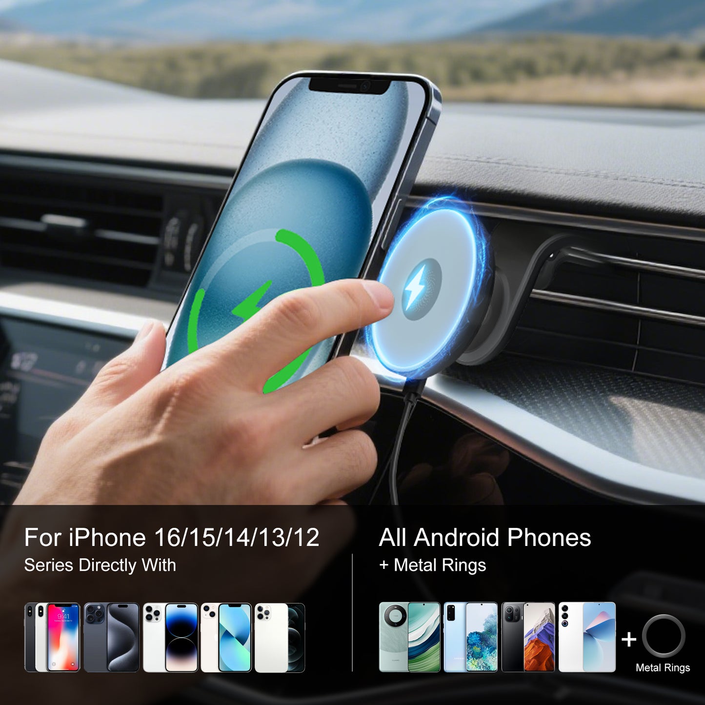 Super Strong Magnetic Car Mount with 15W Fast Wireless Charging, 360¡ã Rotatable and easy to install, durable and study, Black