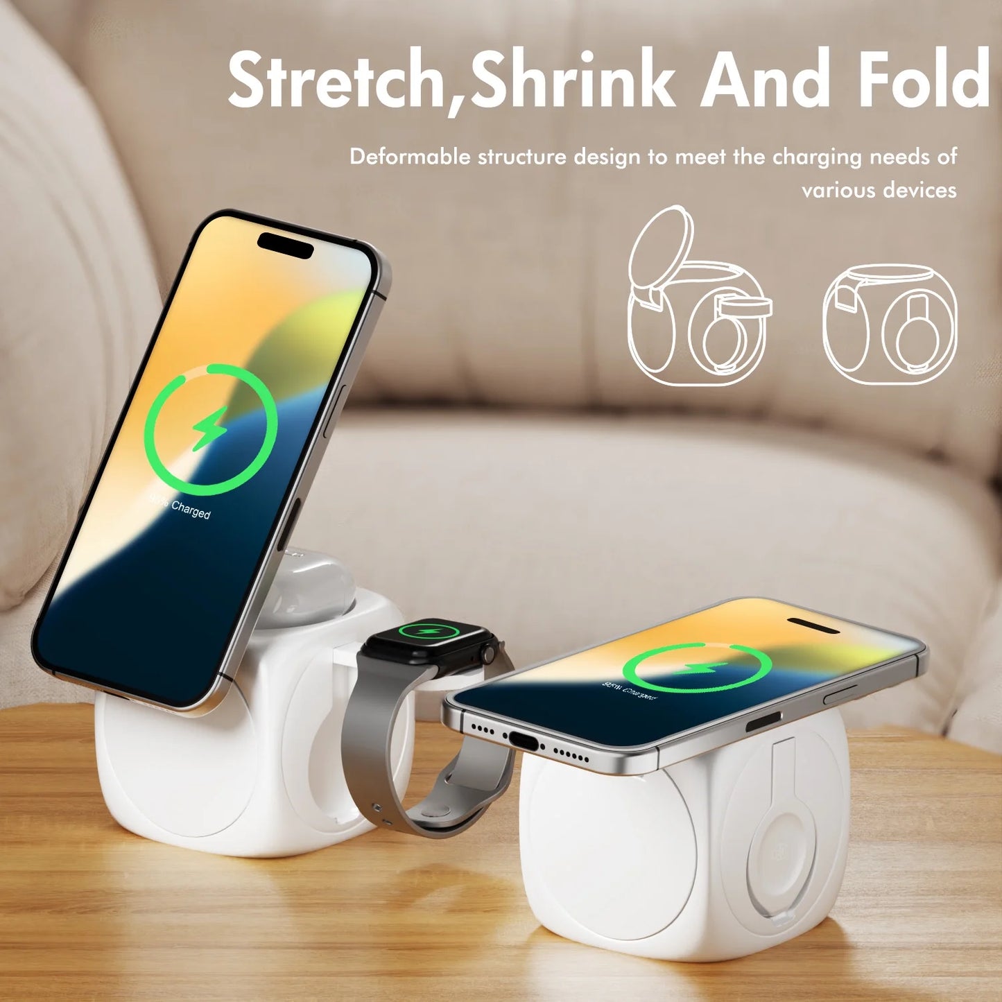 Magnetic Wireless Charger for iPhone Airpods iWatch, Portable 3 in 1 Charging Station Cube For Apple Multiple Devices, Charging Pad Dock Compatible with Apple 12 and above series, White