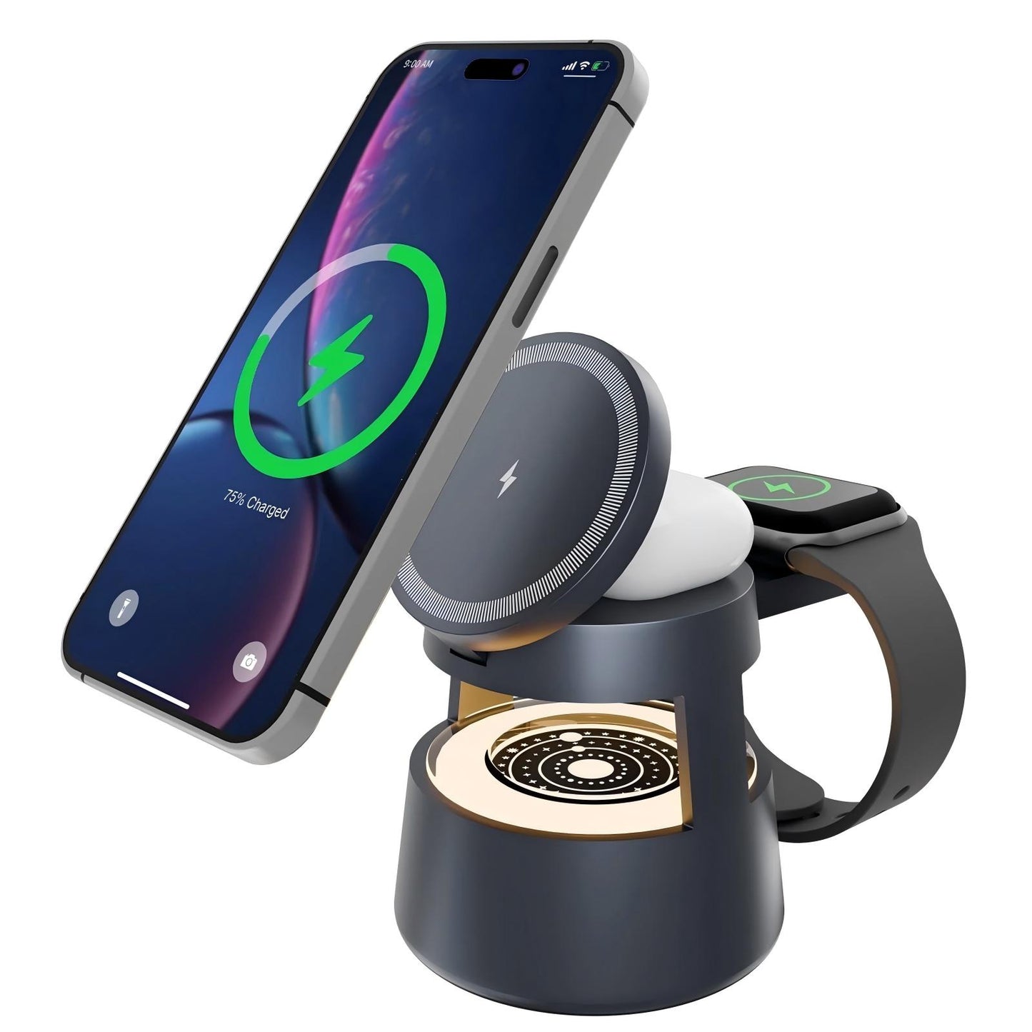 4 in 1 wireless charging station For iPhone AirPods iWatch, Wireless Charger with Mushroom Light, fast charging for Multiple Devices