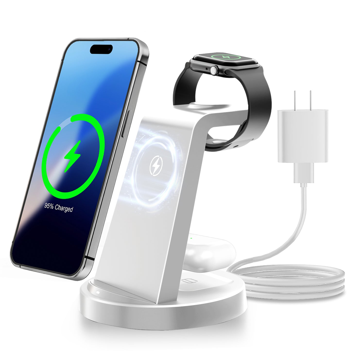 3 in 1 Fast Wireless Charger, Magnetic Charging Station Compatible with iPhone 16 15 14 13 12 11 8 Pro Max XS XR, Compatible with Airpods 4 3 2 Pro, Compatible with iWatch Series, White