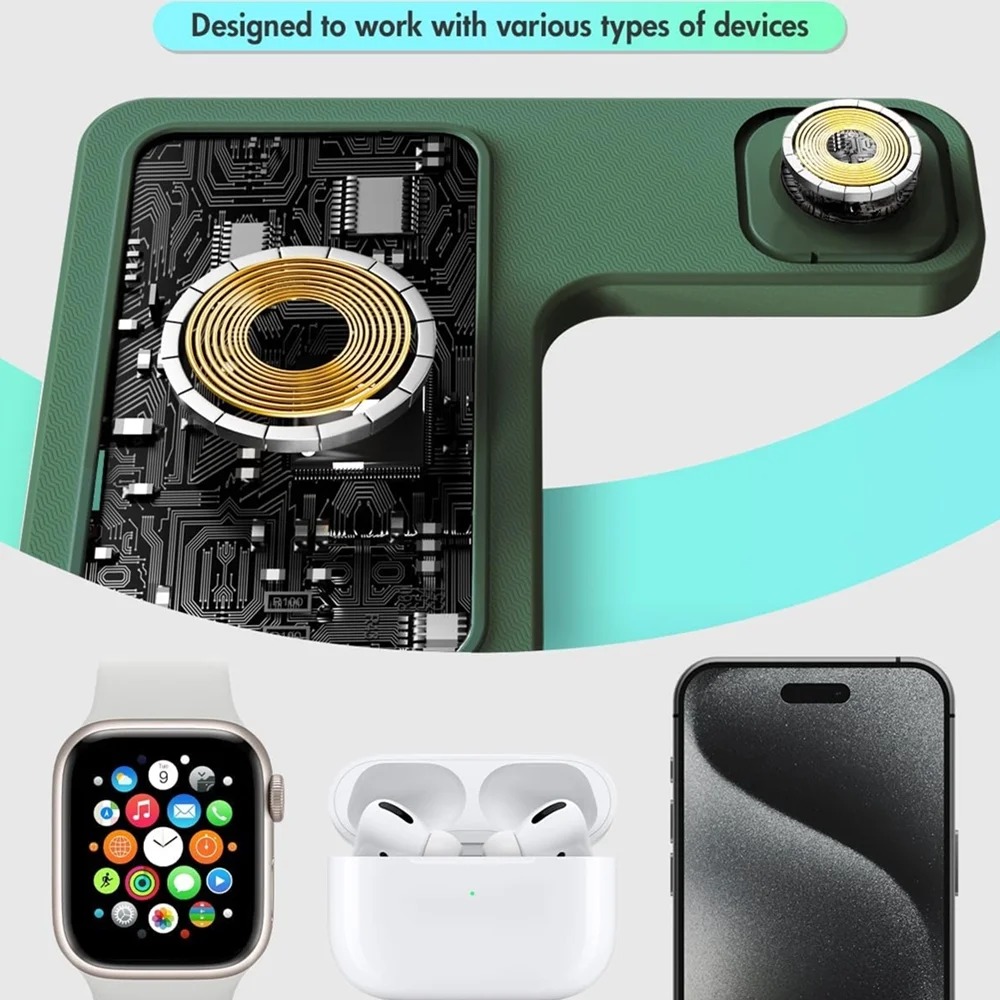 Wireless Charger,3 in 1 Charging Station for iPhone,Fast Wireless Charger Stand Compatible for Apple Watch,iPhone 17 16 15 14 13 12 11 Pro Max Mini Plus SE X XS 8 Plus & AirPods,Dark Green