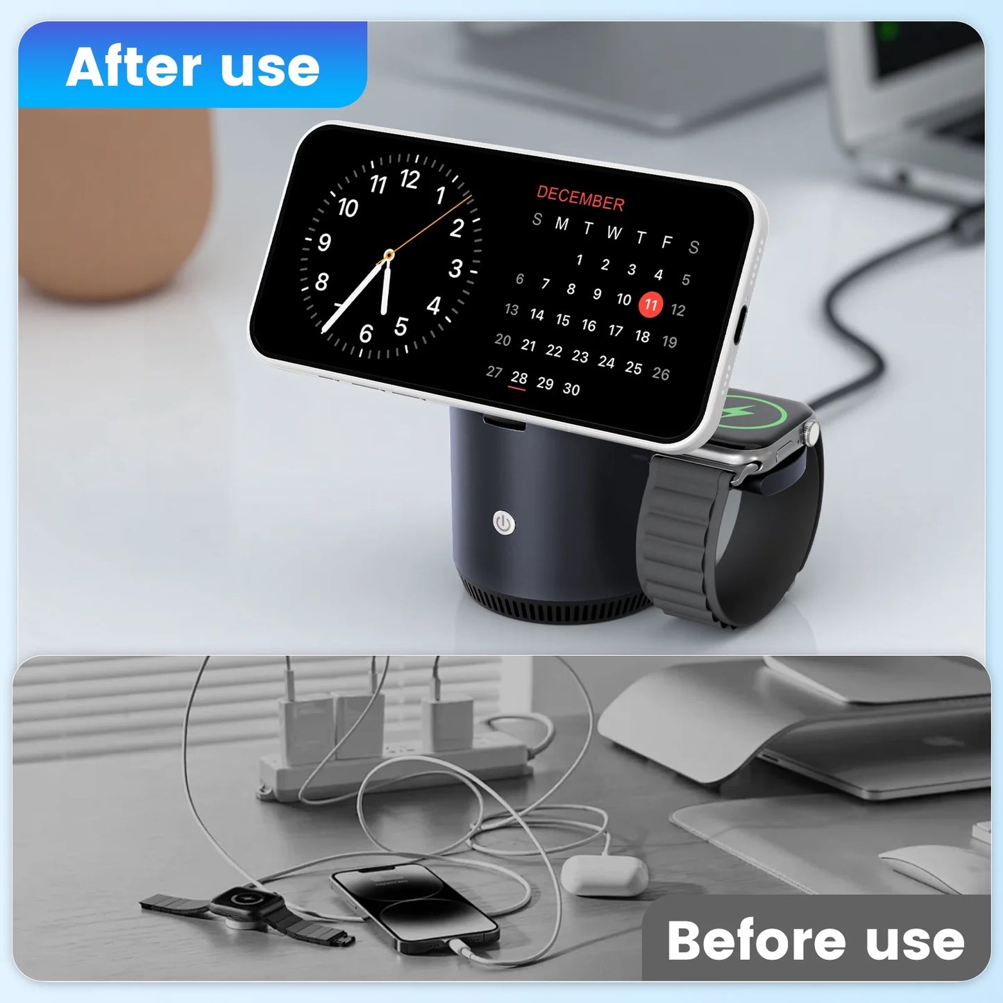 Wireless Charger for iPhone, Charging Station for iPhone 17 16 15 14 13 12, for AirPods 4 3 2, for iWatch Series, with Adjustable Night Light, Black