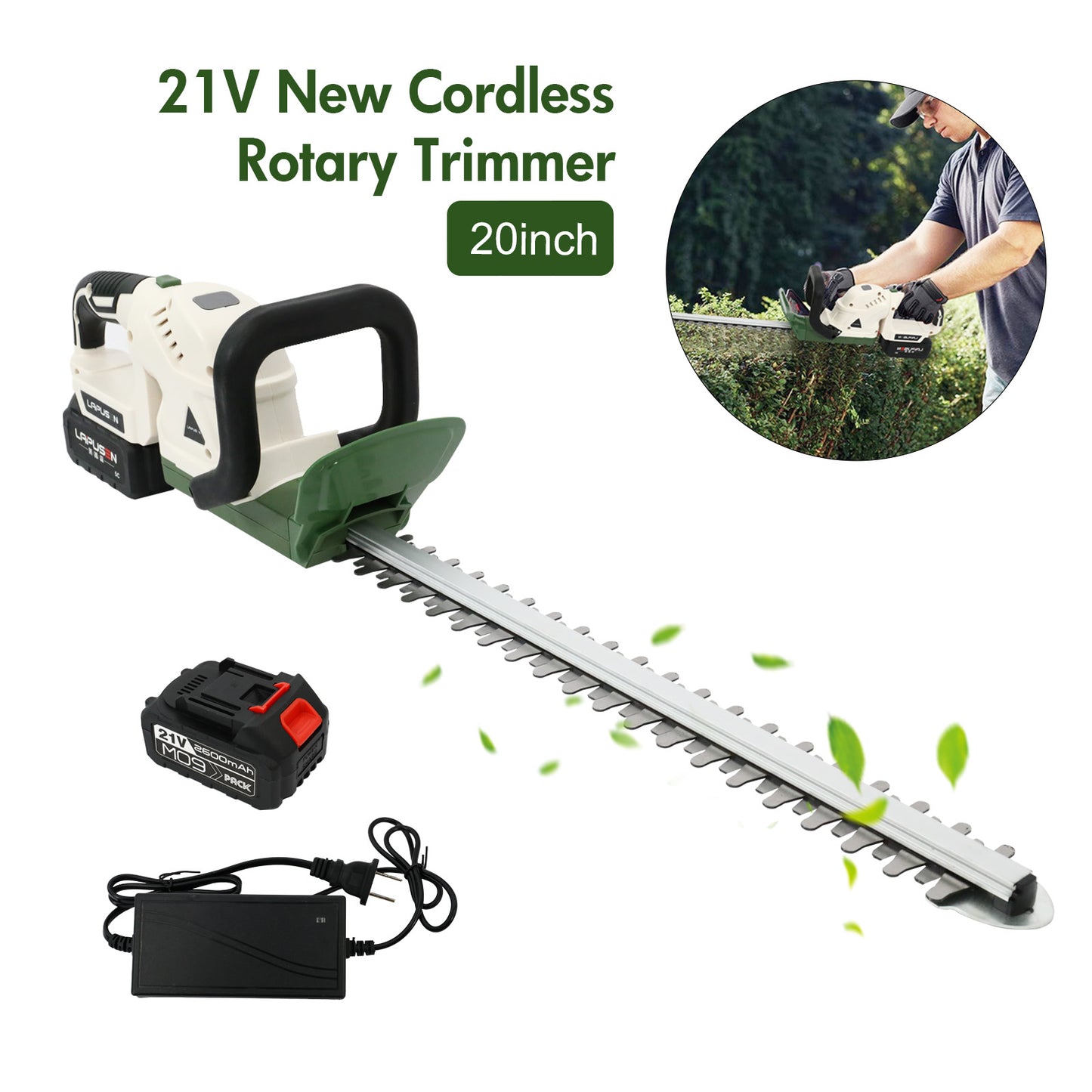 21V Cordless Hedge Trimmer with 20" Dual-Action Blade, Handle Electric Hedge Trimmer with 3.0Ah Battery and Fast Charger for Garden, Shrub, Grass and Lawn, Up to 20000 RPM, Green