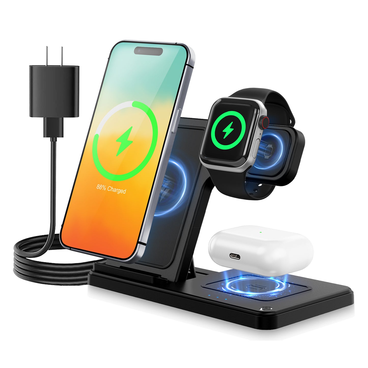 Wireless Charger, 3 in1 Wireless Charging Station, Magnetic Fast Charging Stand Compatible with iPhone 16 15 14 13 12 11 Pro Max Plus XS XR X 8, For iWatch 9 8 7 6 5 4 3 2 SE, for AirPods 3 2 Pro