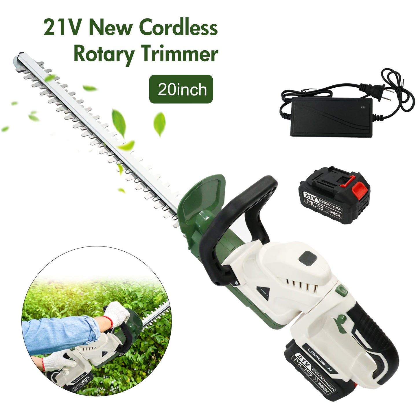 21V Cordless Hedge Trimmer with 20" Dual-Action Blade, Handle Electric Hedge Trimmer with 3.0Ah Battery and Fast Charger for Garden, Shrub, Grass and Lawn, Up to 20000 RPM, Green