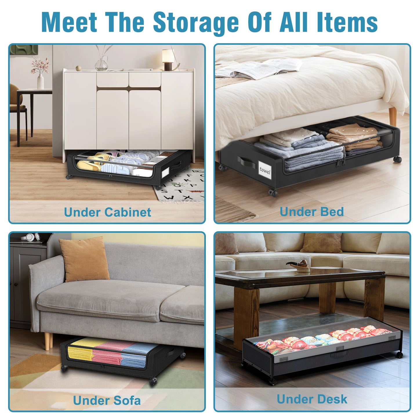 Under Bed Storage with Wheels, Under Bed Storage Containers, Under the Bed Storage Organizer with Clear Lids - Rolling Drawers & Bins for Clothes,Shoes,Toys, 2-Pack (Black)