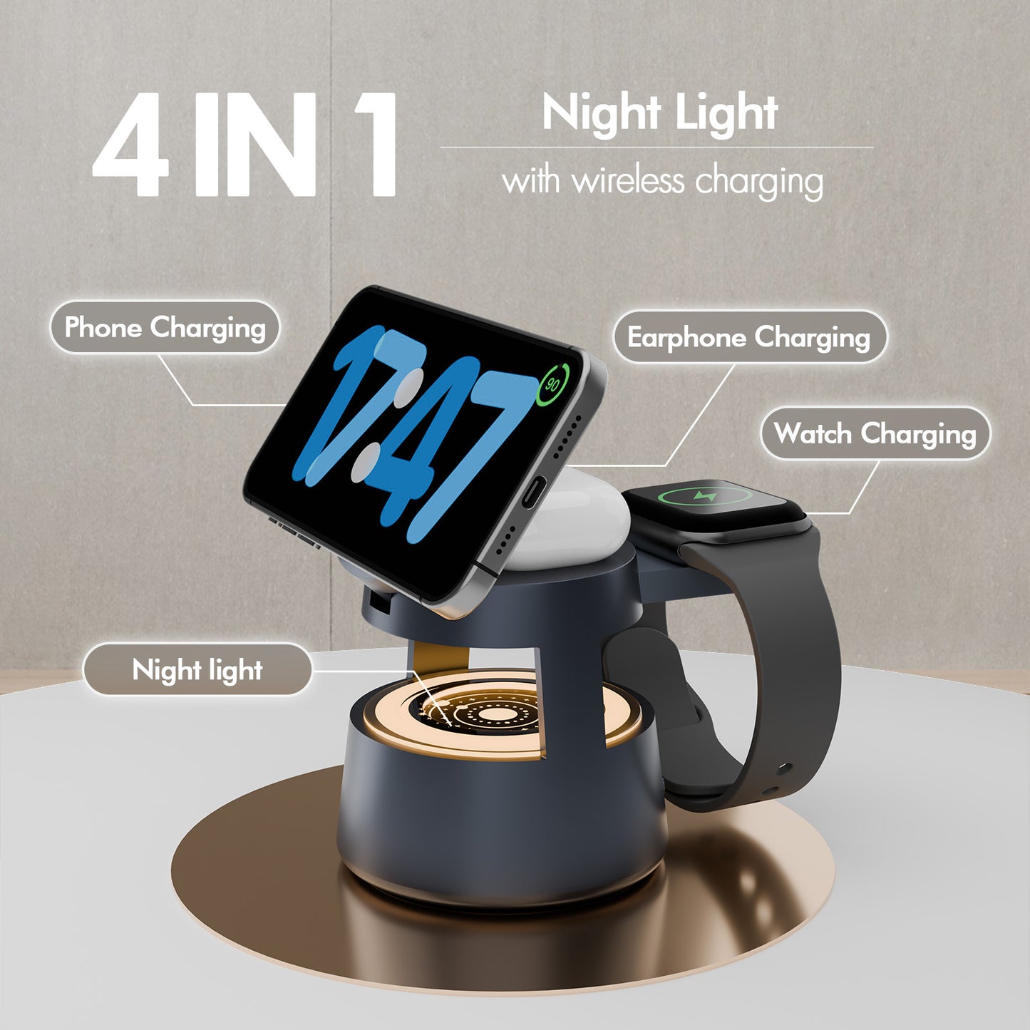 4 in 1 wireless charging station For iPhone AirPods iWatch, Wireless Charger with Mushroom Light, fast charging for Multiple Devices