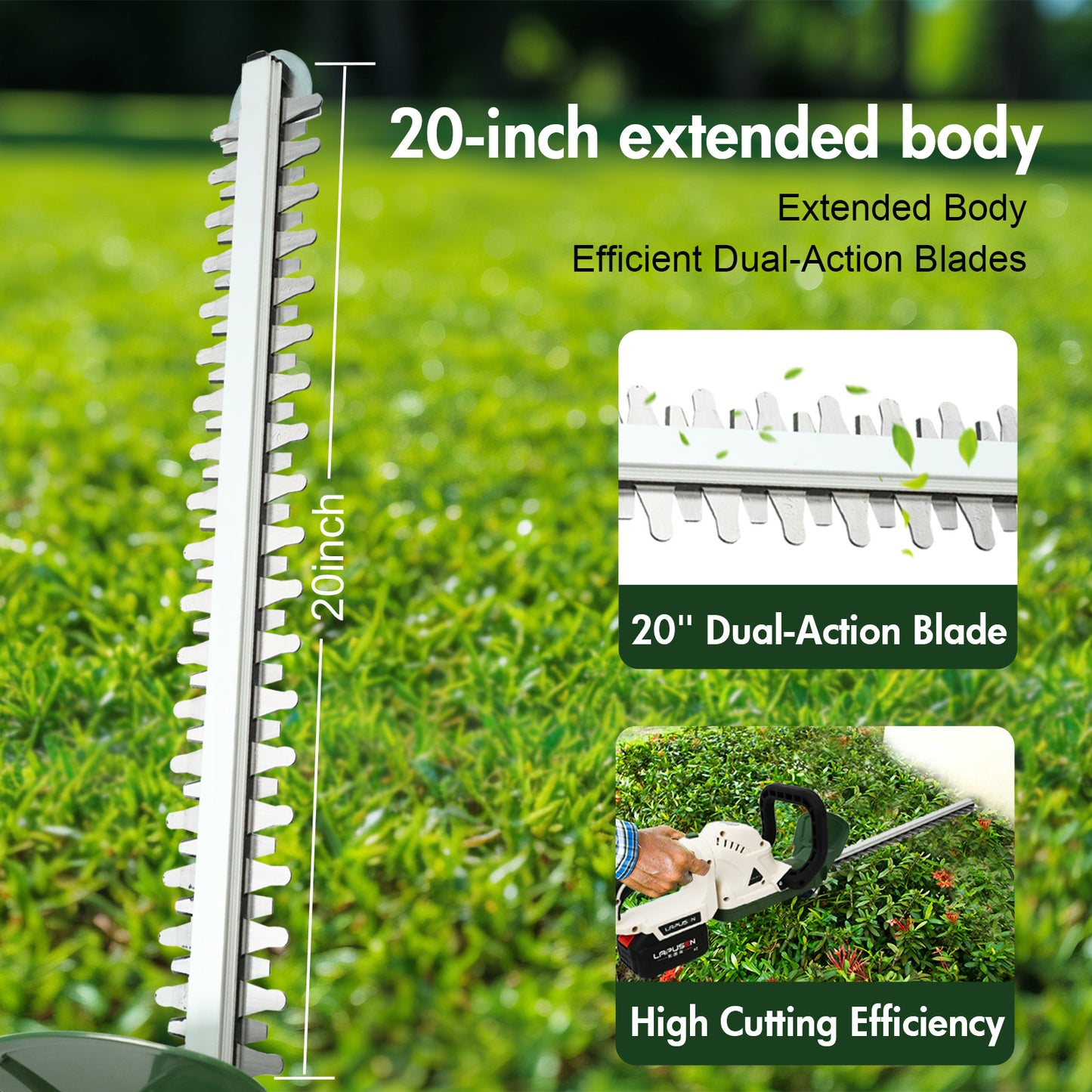 21V Cordless Hedge Trimmer with 20" Dual-Action Blade, Handle Electric Hedge Trimmer with 3.0Ah Battery and Fast Charger for Garden, Shrub, Grass and Lawn, Up to 20000 RPM, Green