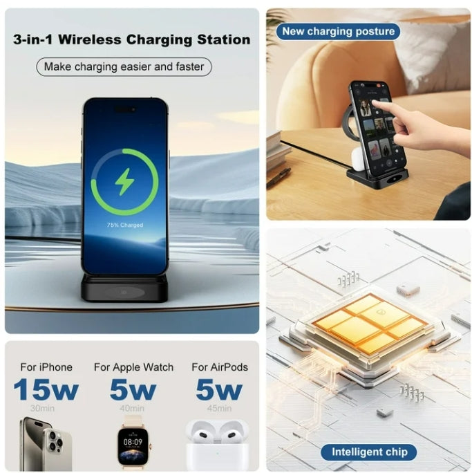 Magnetic Wireless Charger for iPhone Airpods iWatch: 3 in 1 Charging Station for Apple Multiple Devices, Black