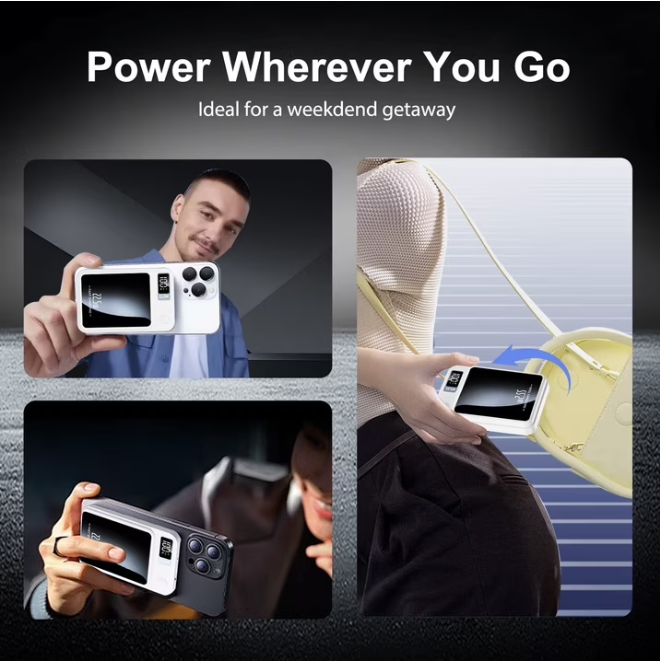 Wireless Power Bank, 5000mAh Magnetic Portable Charger with LED Power Display, Fast Charging 22.5W Battery Pack, Suitable for Outdoor Travel Emergency Backup Power Bank, White