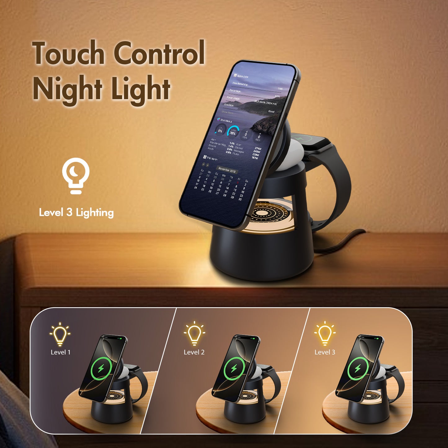 4 in 1 wireless charging station For iPhone AirPods iWatch, Wireless Charger with Mushroom Light, fast charging for Multiple Devices