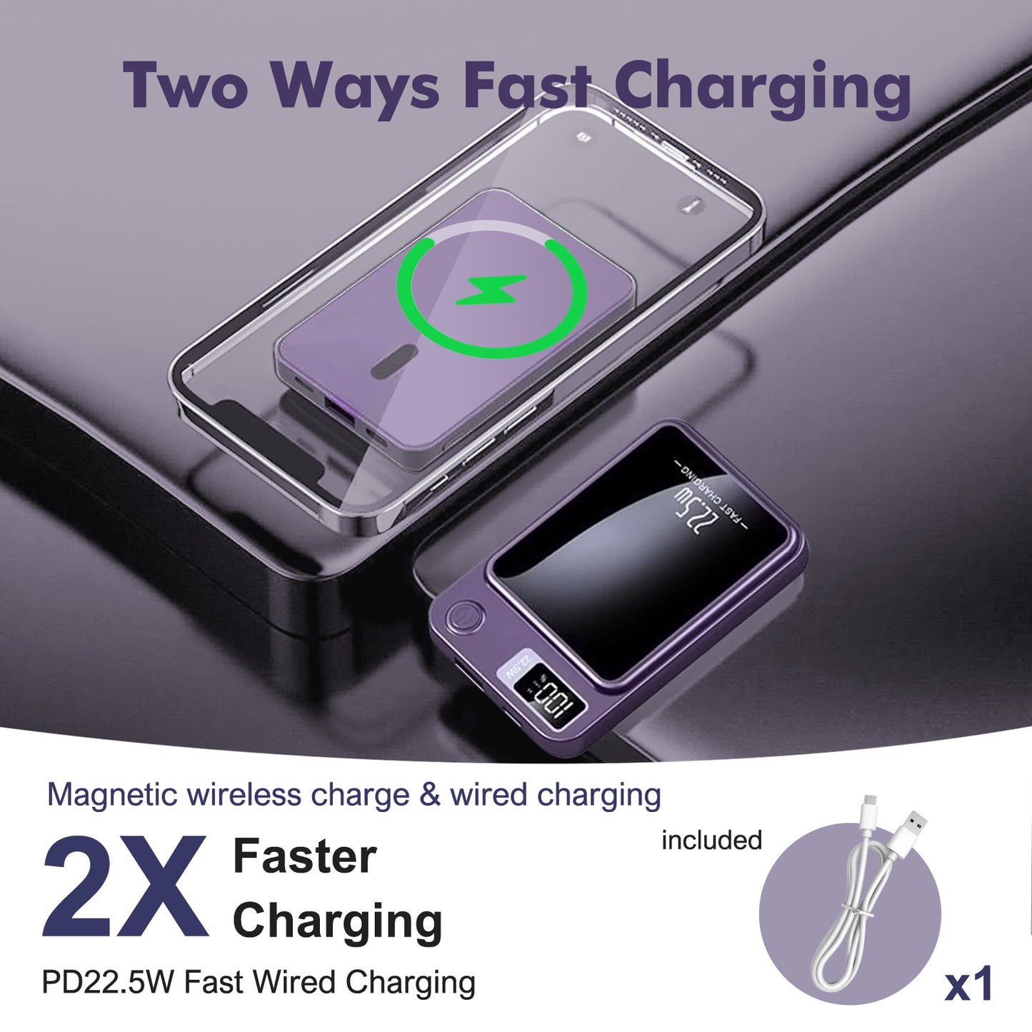 Wireless Power Bank, 10000mAh Fast Charging, with LED Power Display, 2 in 1 Portable Magnetic Power Bank, Compatible with Multi Device with cable, Purple