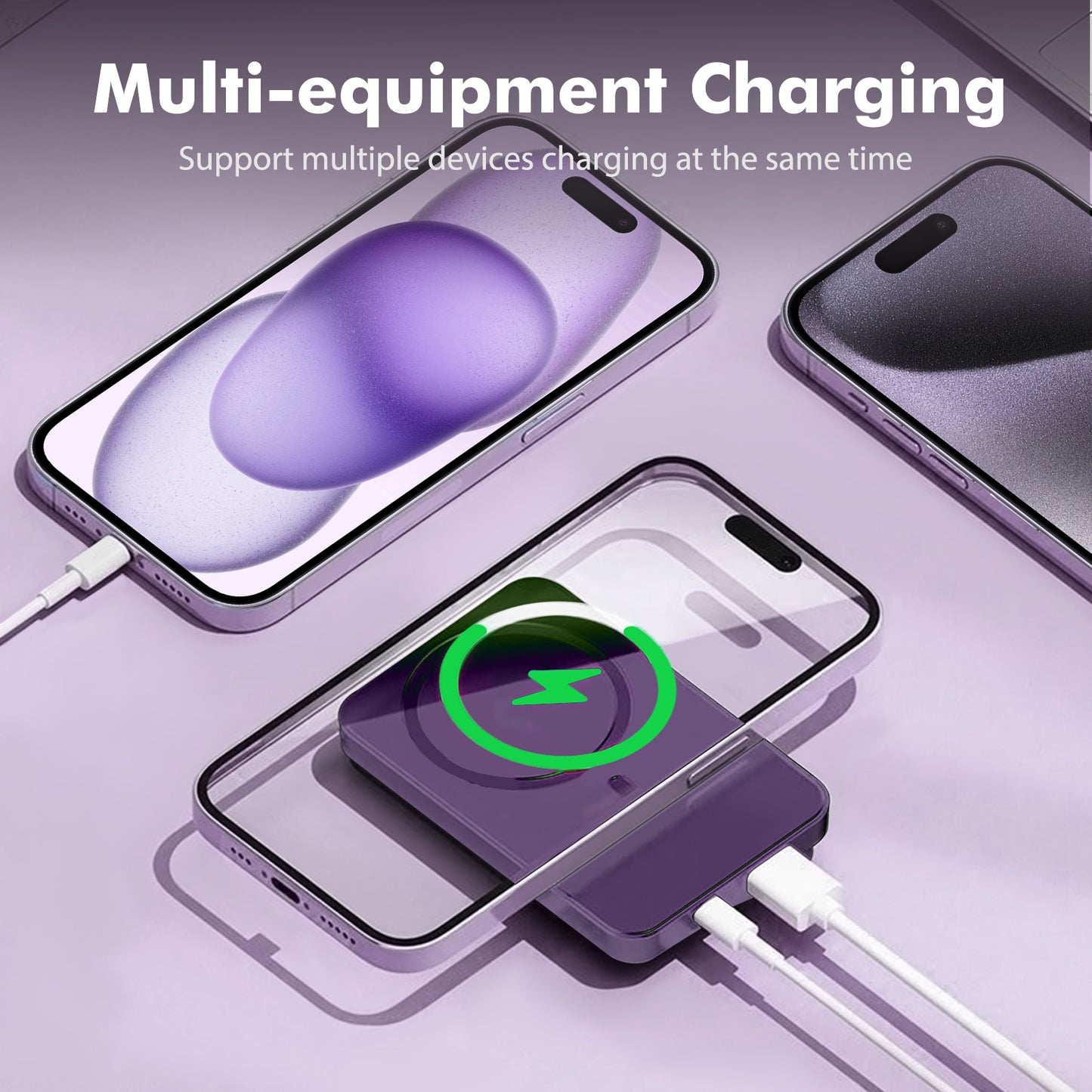 Wireless Power Bank, 10000mAh Fast Charging, with LED Power Display, 2 in 1 Portable Magnetic Power Bank, Compatible with Multi Device with cable, Purple