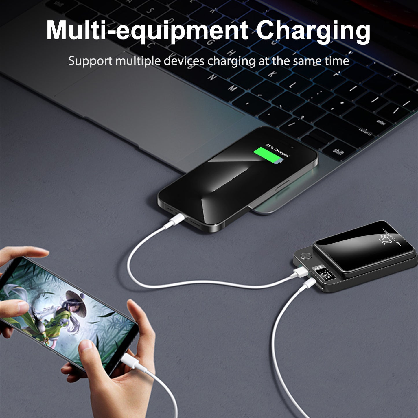 Wireless power bank, 10000mAh 22.5W Fast Charging Phone Battery Bank, 2 in 1 Wireless Magnetic Power Bank with cable