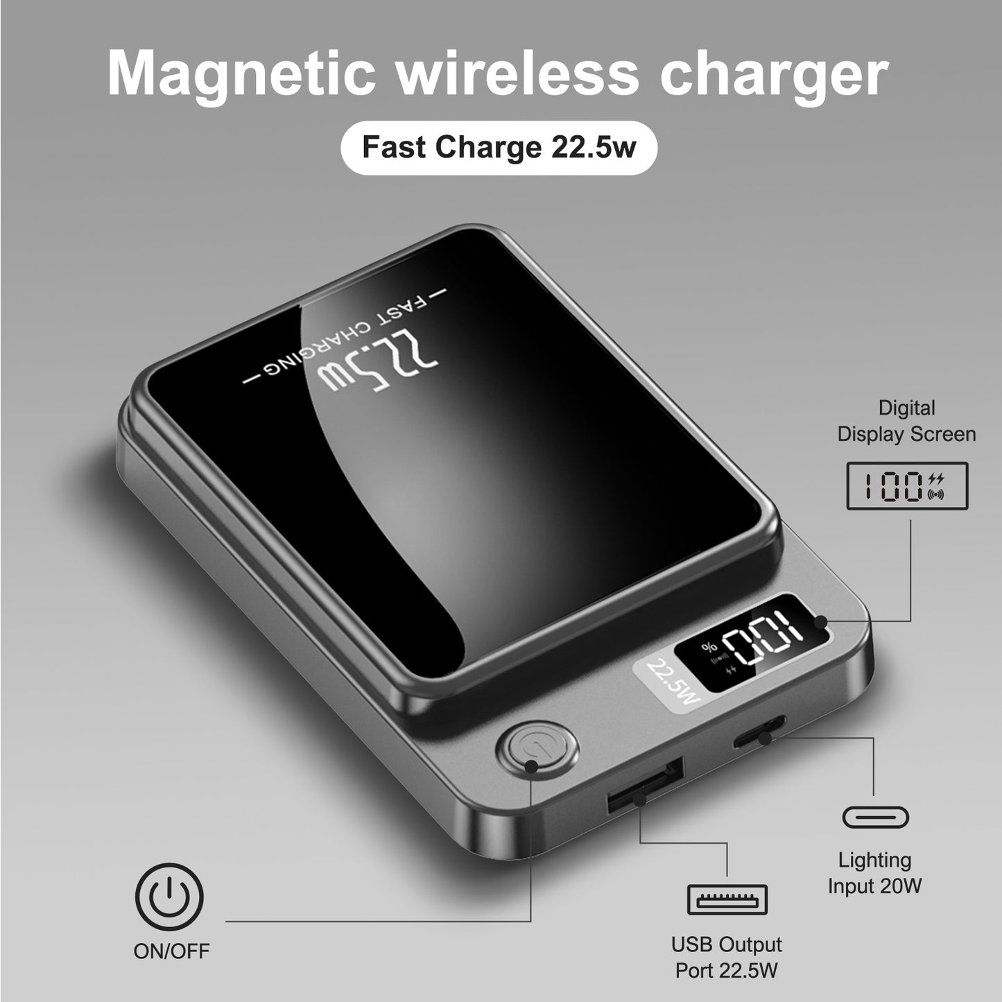 Wireless power bank, 10000mAh 22.5W Fast Charging Phone Battery Bank, 2 in 1 Wireless Magnetic Power Bank with cable