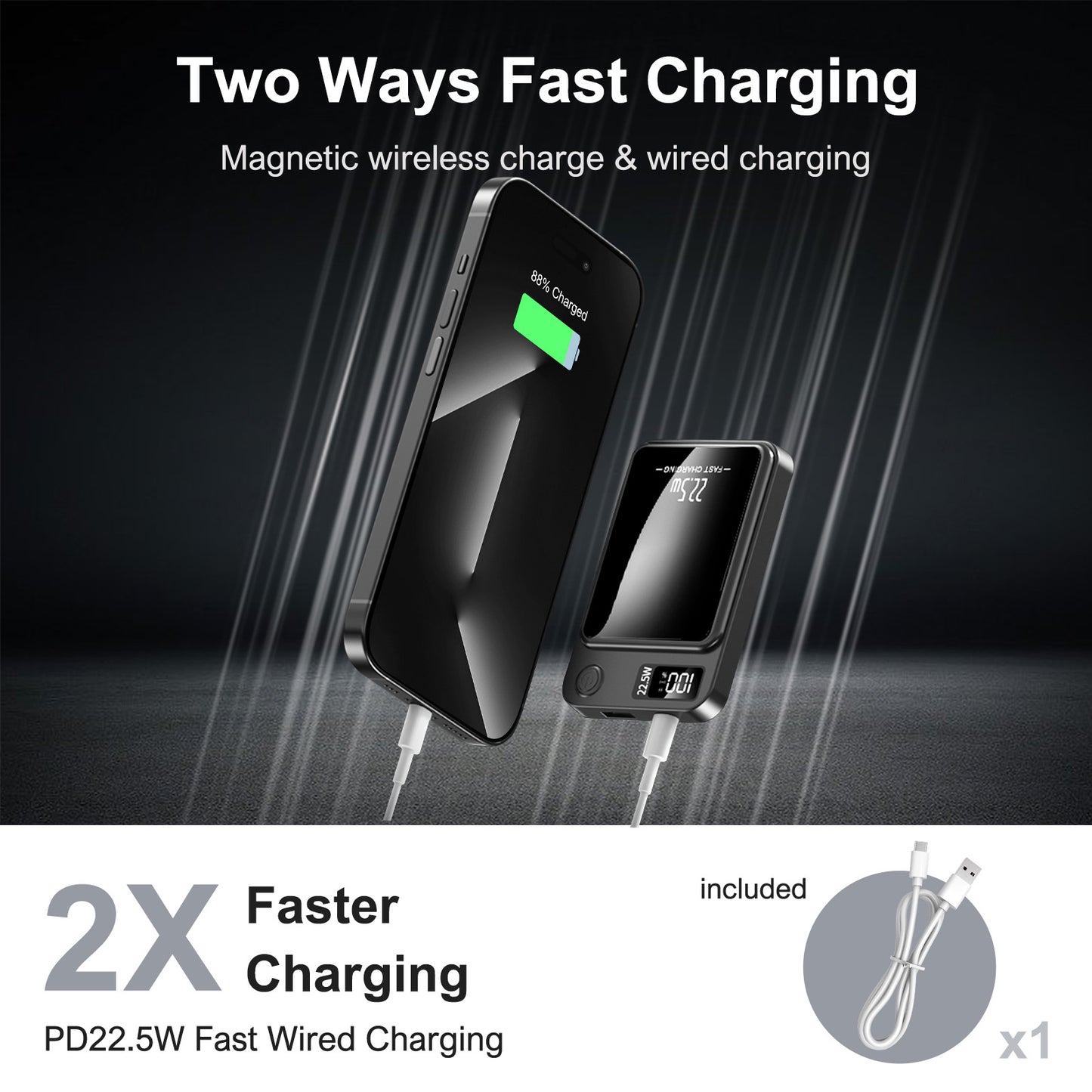 Wireless power bank, 10000mAh 22.5W Fast Charging Phone Battery Bank, 2 in 1 Wireless Magnetic Power Bank with cable