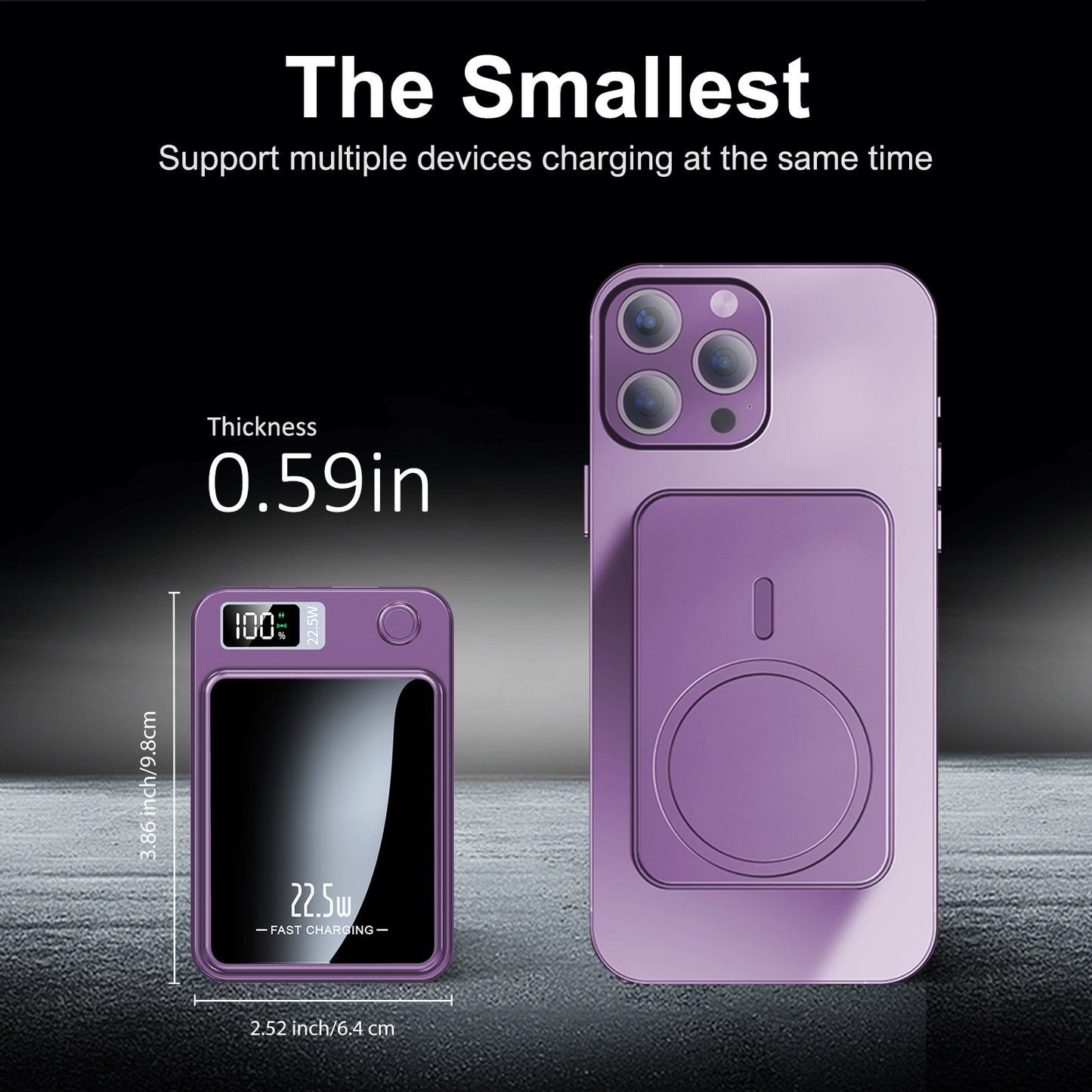Magnetic power bank, 10000mAh 22.5W Fast Charging Phone Battery Bank, 2 in 1 Wireless Magnetic Power Bank with cable, Purple