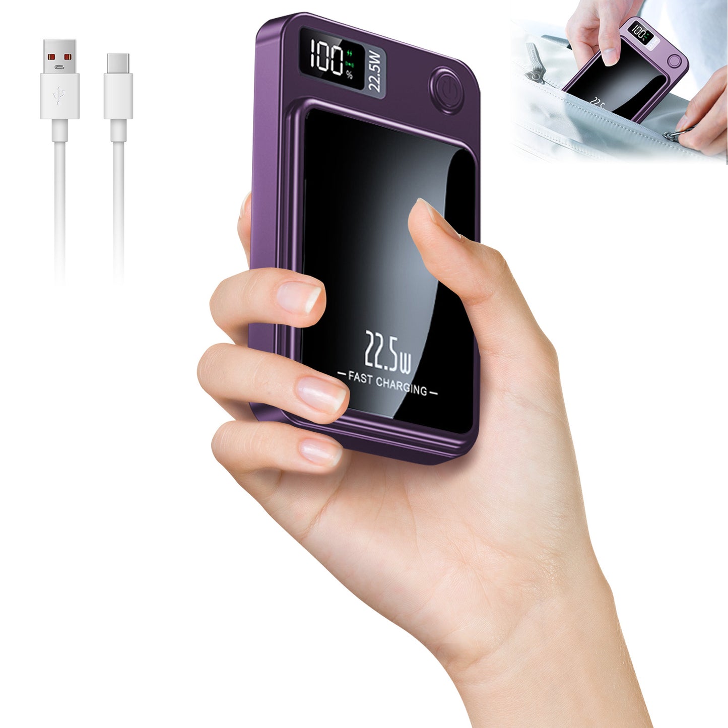 Magnetic power bank, 10000mAh 22.5W Fast Charging Phone Battery Bank, 2 in 1 Wireless Magnetic Power Bank with cable, Purple