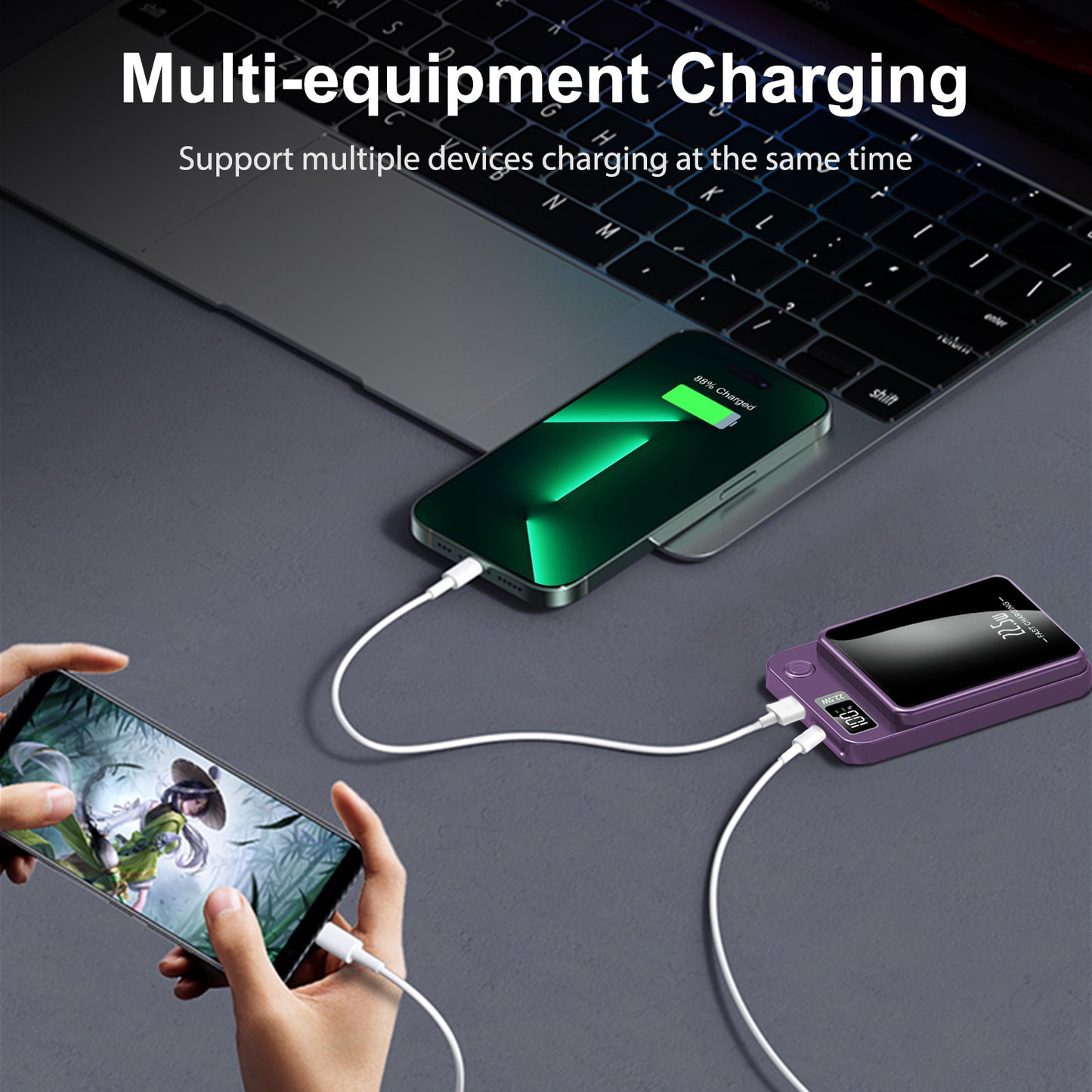 Magnetic power bank, 10000mAh 22.5W Fast Charging Phone Battery Bank, 2 in 1 Wireless Magnetic Power Bank with cable, Purple